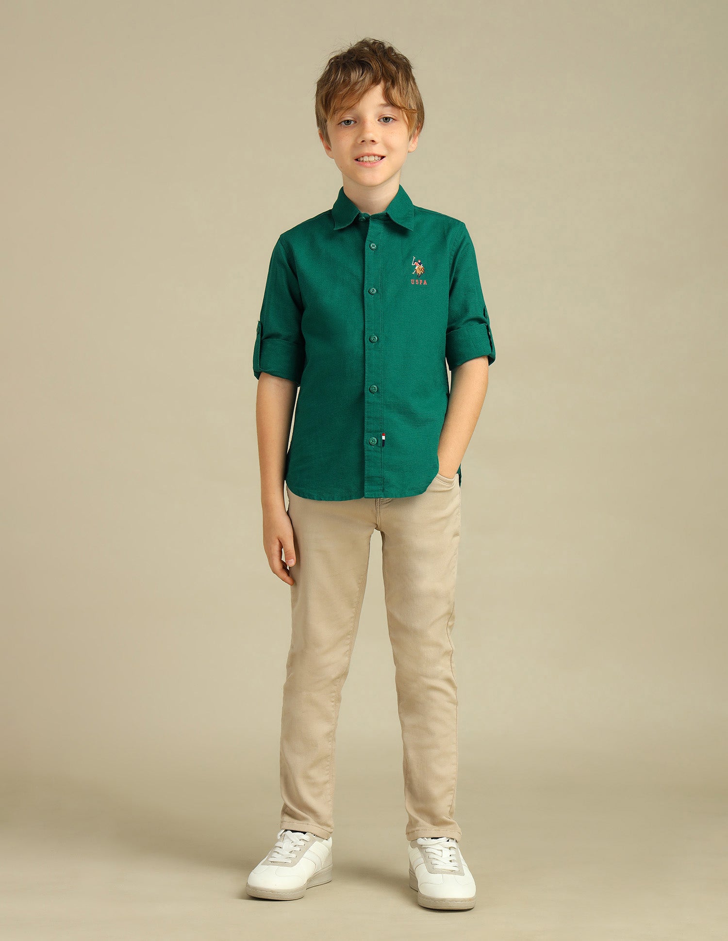 Boys Spread Collar Regular Fit Shirt Green - U.S. POLO ASSN. | Large