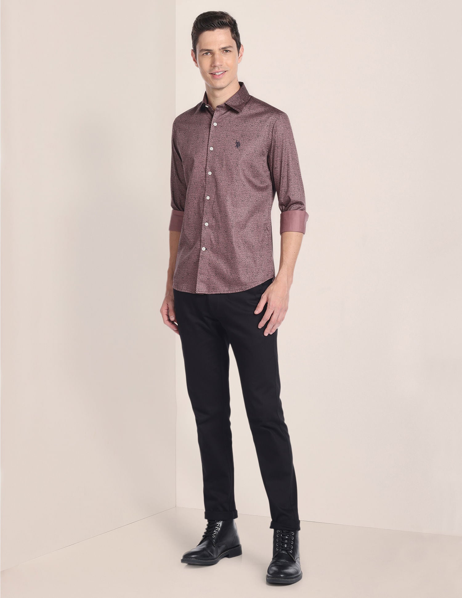 Cutaway Collar Geometric Print Shirt Brown - U.S. POLO ASSN. | Large