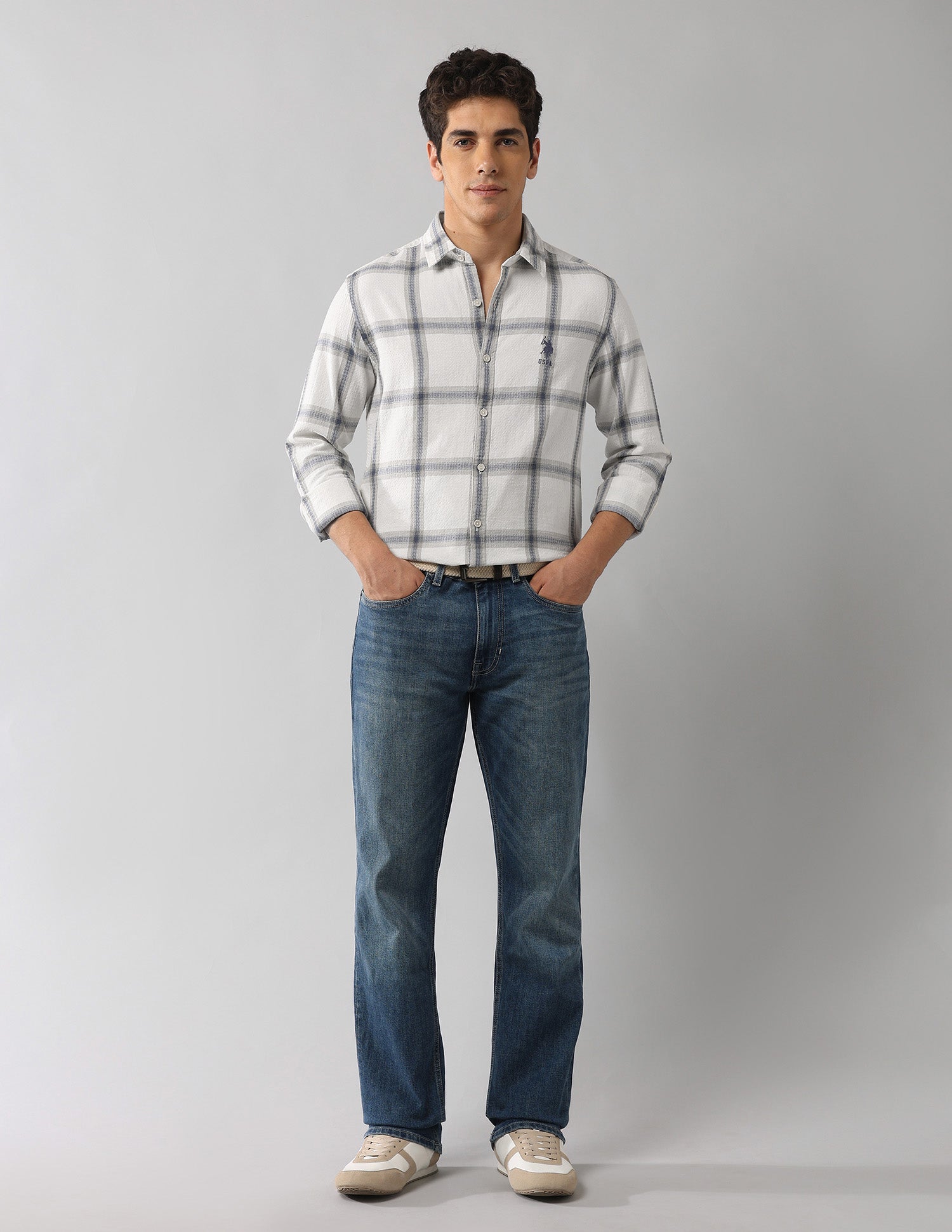 Grid Tattersall Checked Regular Fit Shirt Off White - U.S. Polo Assn. India | Large