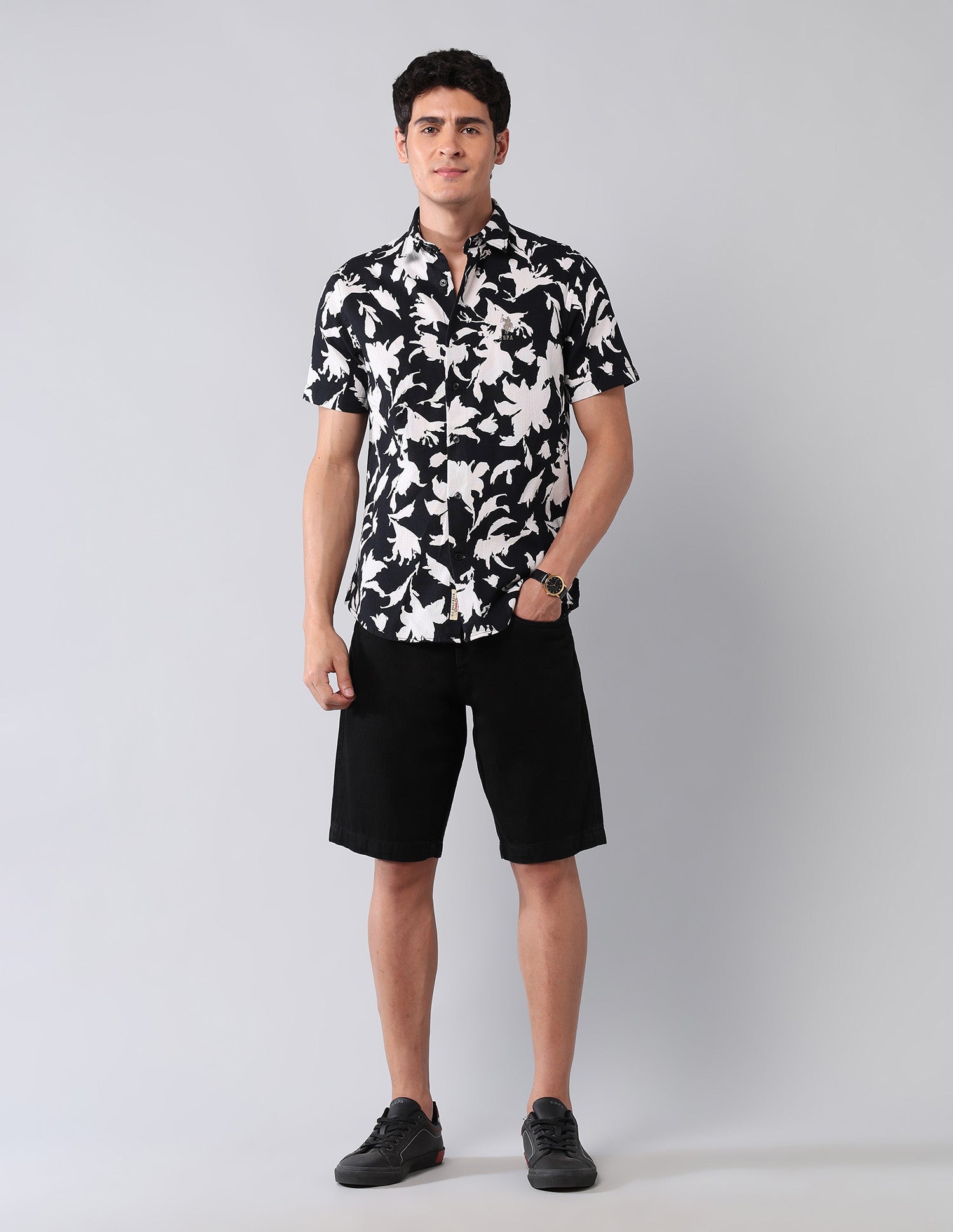Floral Printed Pure Cotton Shirt Black - U.S. Polo Assn. India | Large