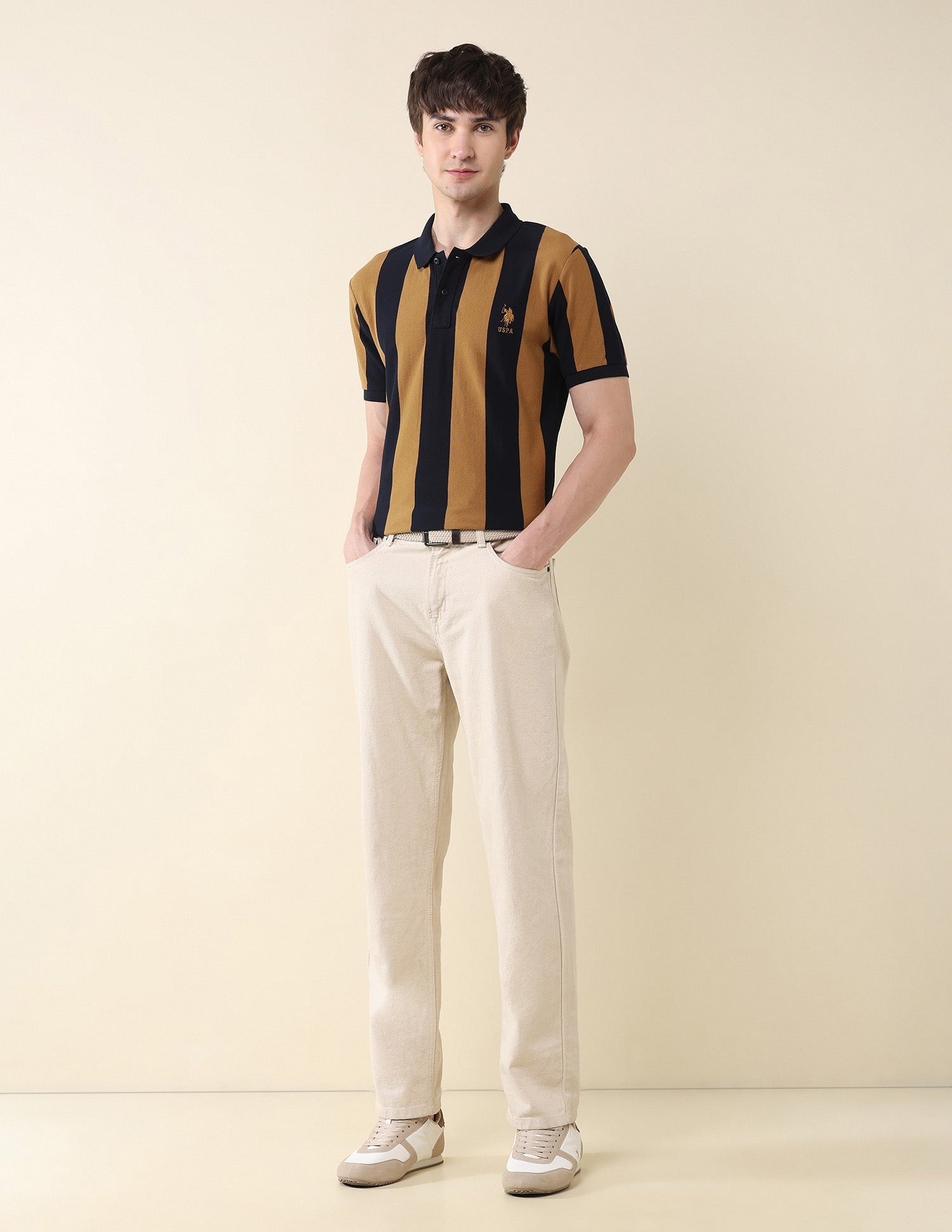 Vertical Striped Pure Cotton Gold Cup Polo Shirt Brown - U.S. Polo Assn. India | Large