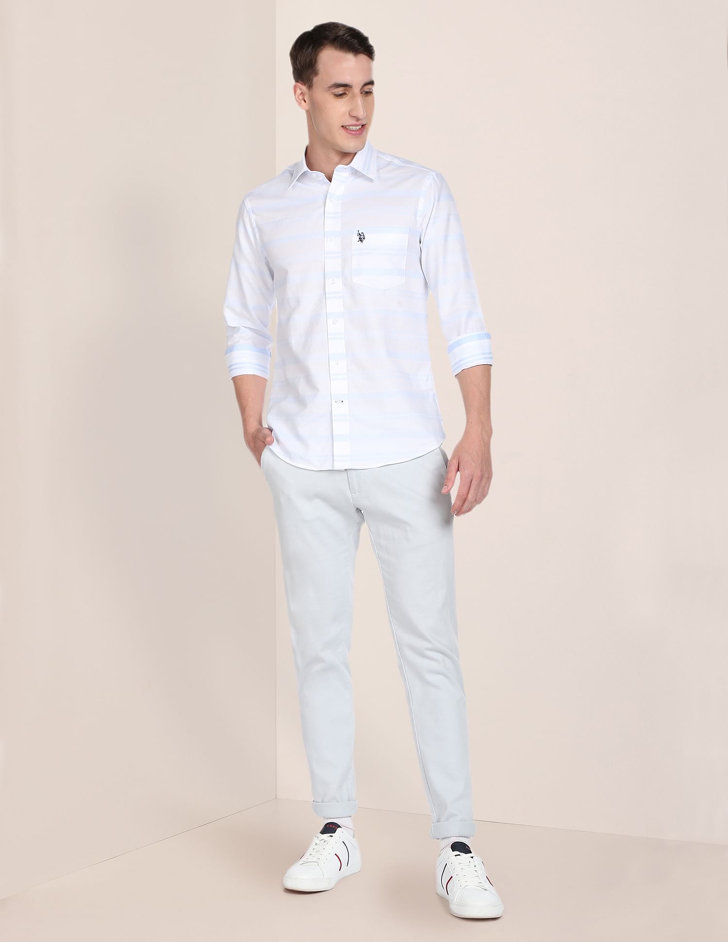 Men White And Blue Horizontal Stripe Casual Shirt White and Light Blue - U.S. POLO ASSN. | Large