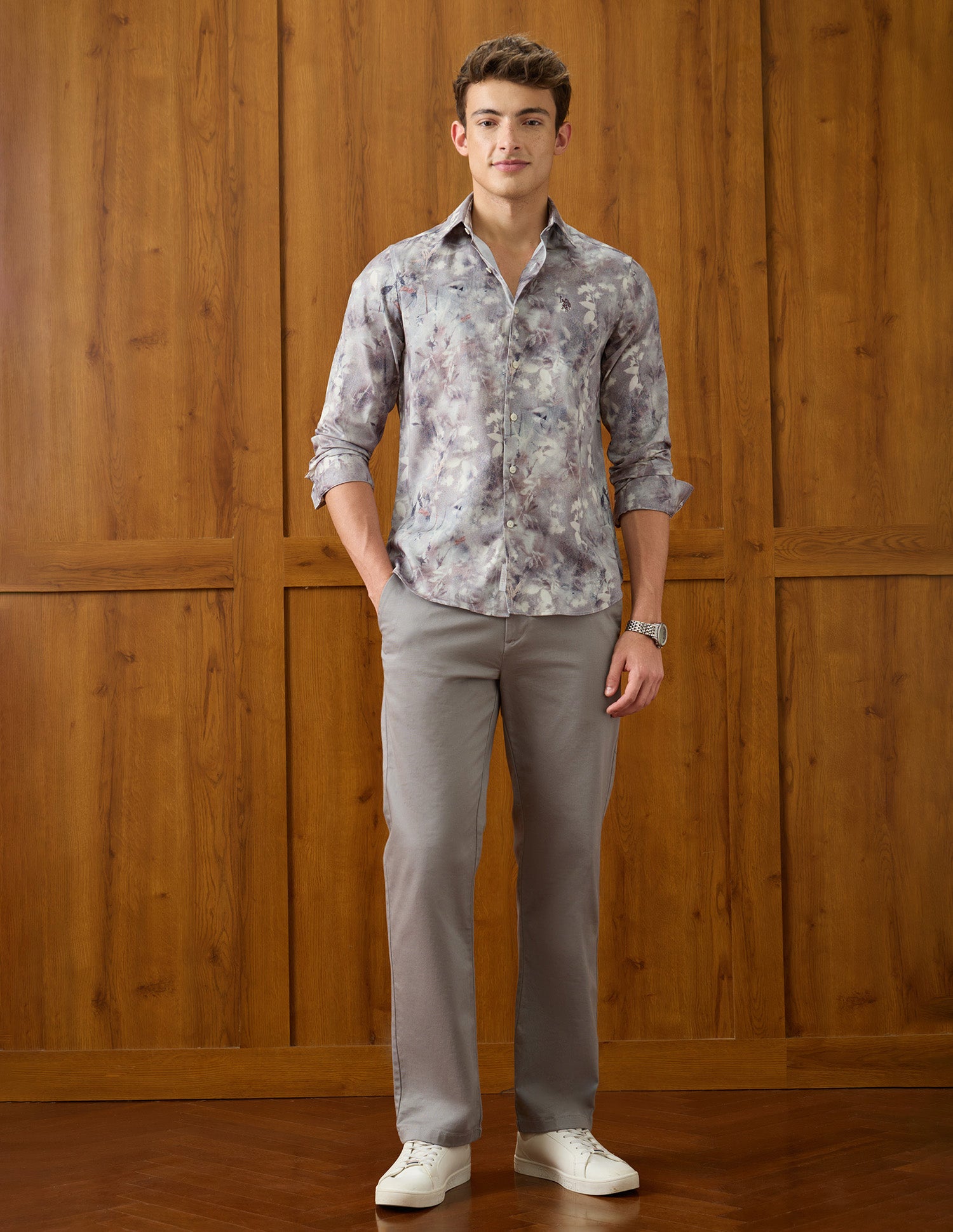 Tropical Printed Satin Shirt Light Grey - U.S. Polo Assn. India | Large