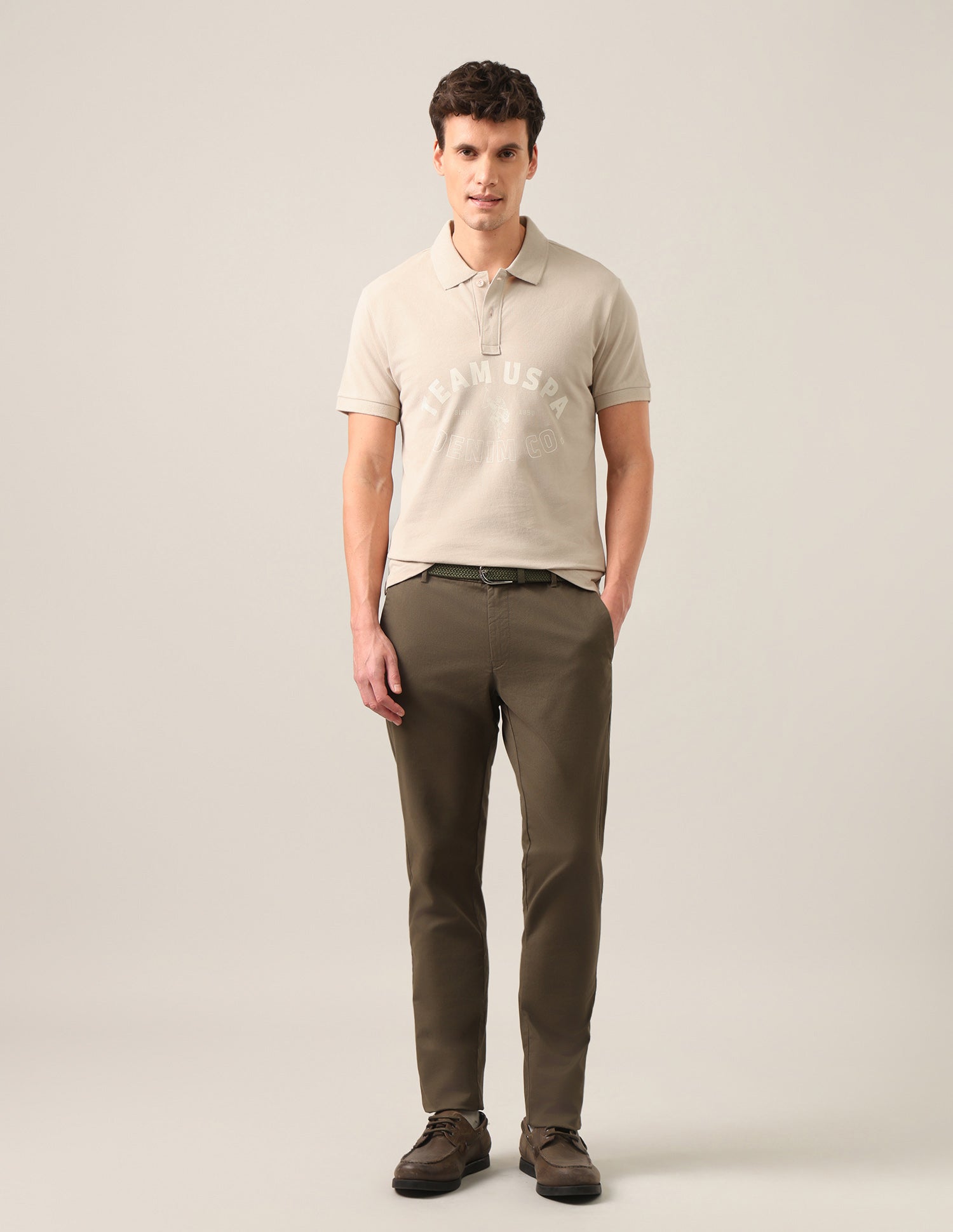 Typographic Brand Printed Slim Fit Polo Shirt Beige - U.S. Polo Assn. India | Large