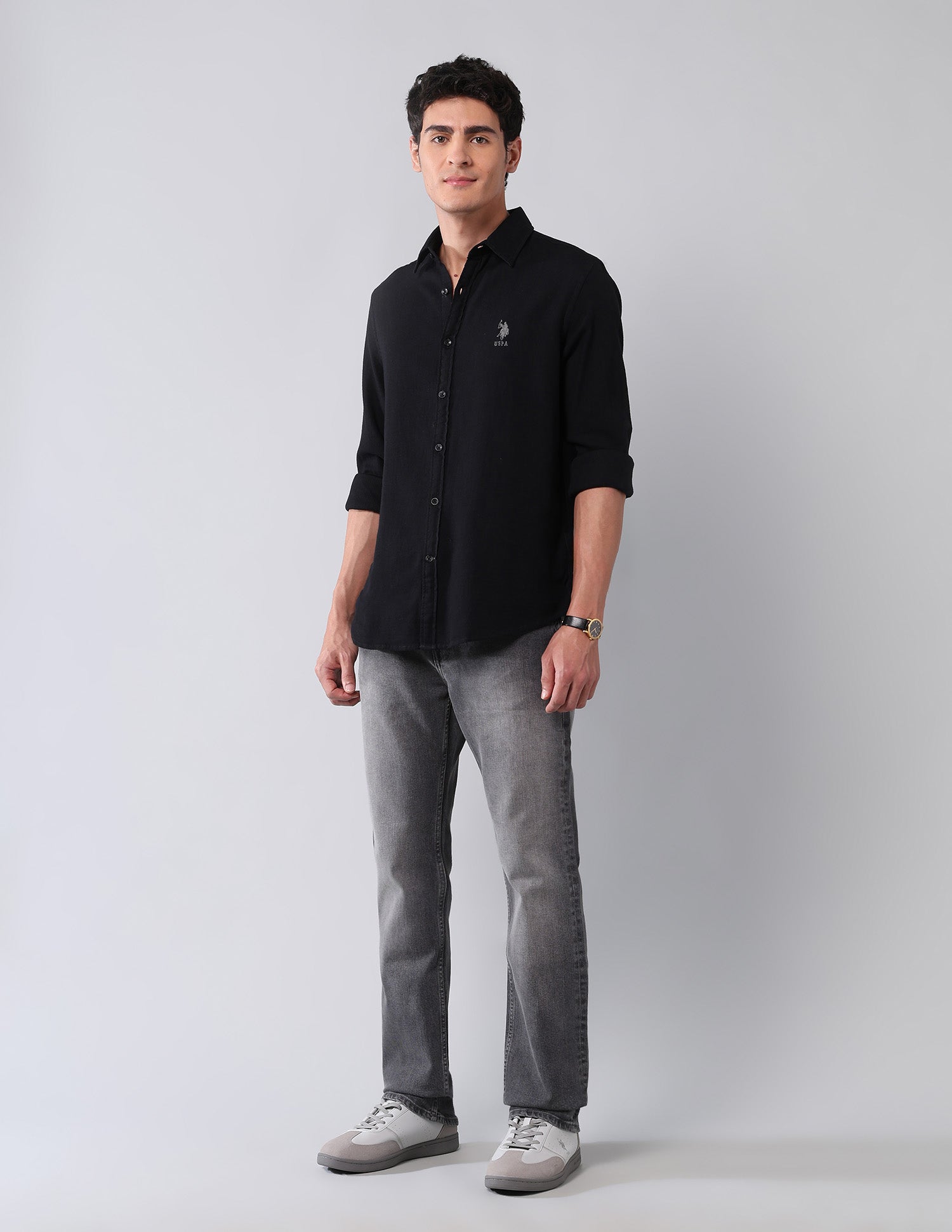 Pure Cotton Regular Fit Dobby Shirt Black - U.S. Polo Assn. India | Large