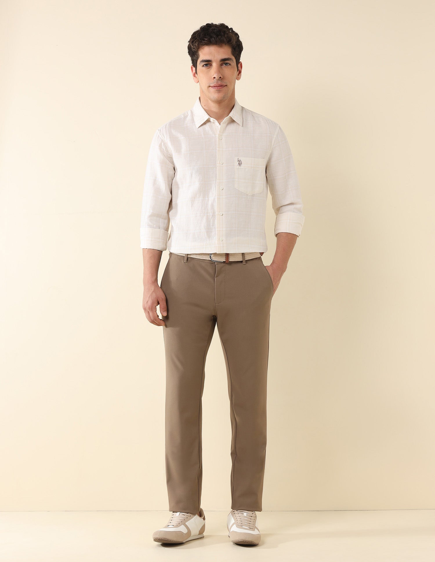 Grid Tattersall Checked Tailored Fit Shirt Cream - U.S. Polo Assn. India | Large