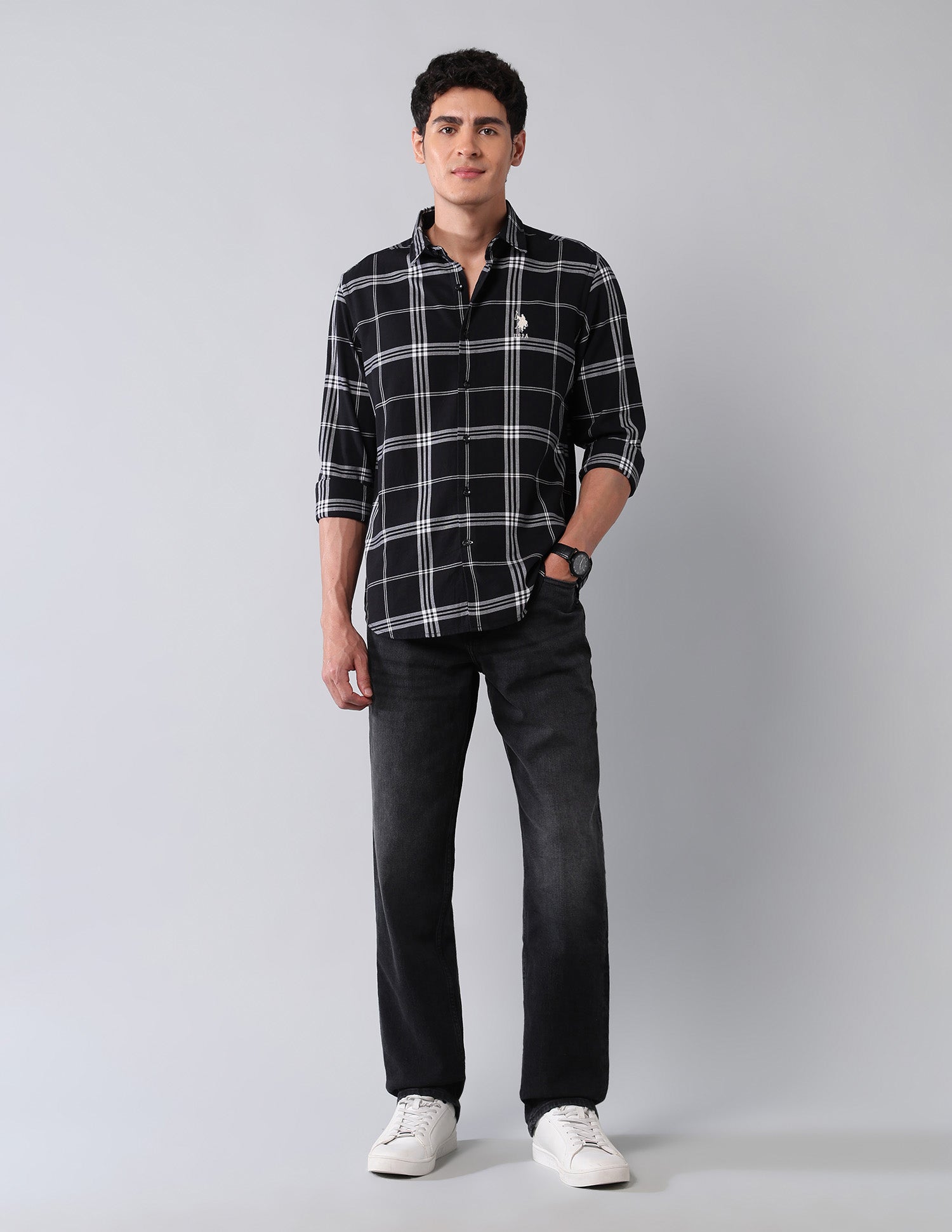 Grid Tattersall Checked Pure Cotton Shirt Black - U.S. Polo Assn. India | Large