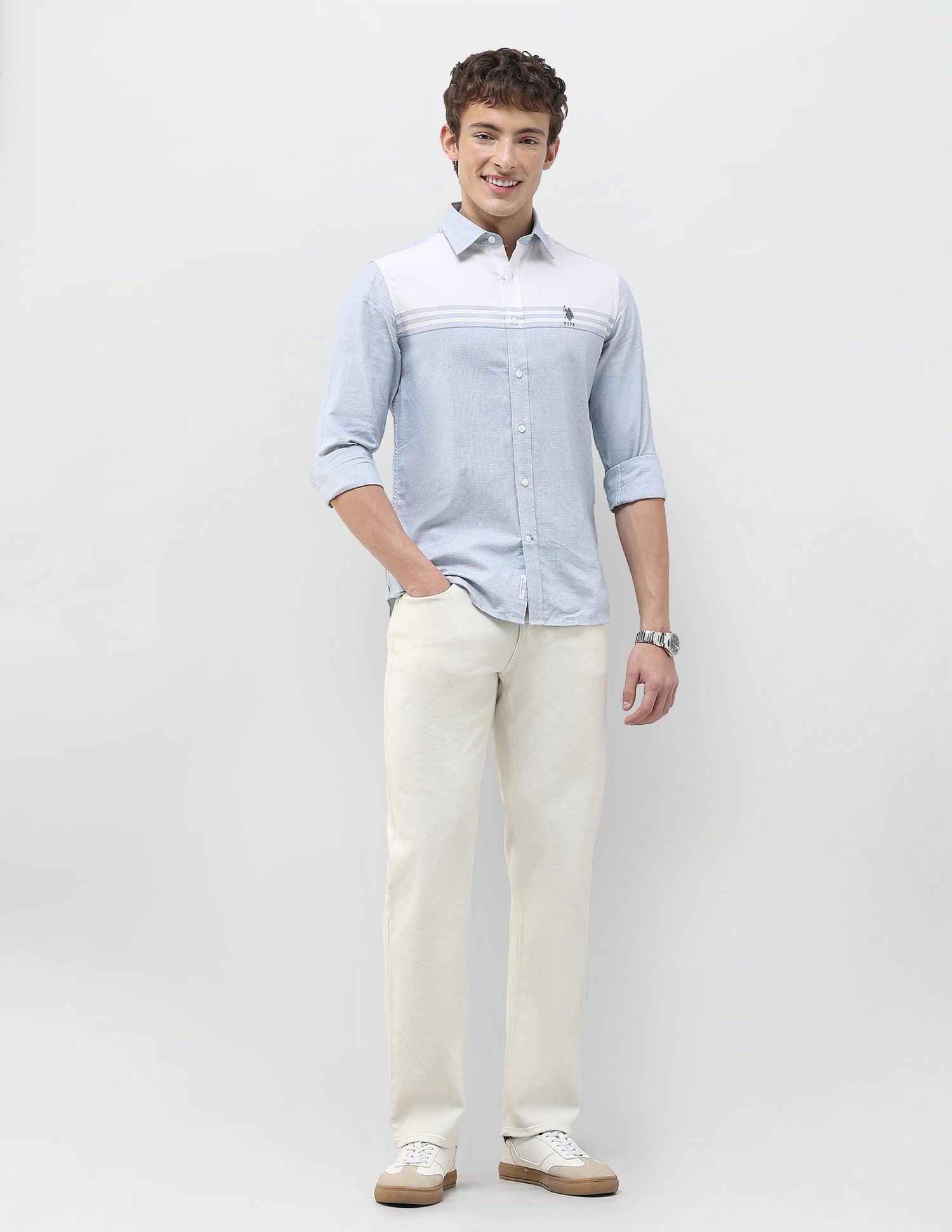 Solid Stripe Detail Regular Fit Shirt Blue - U.S. Polo Assn. India | Large