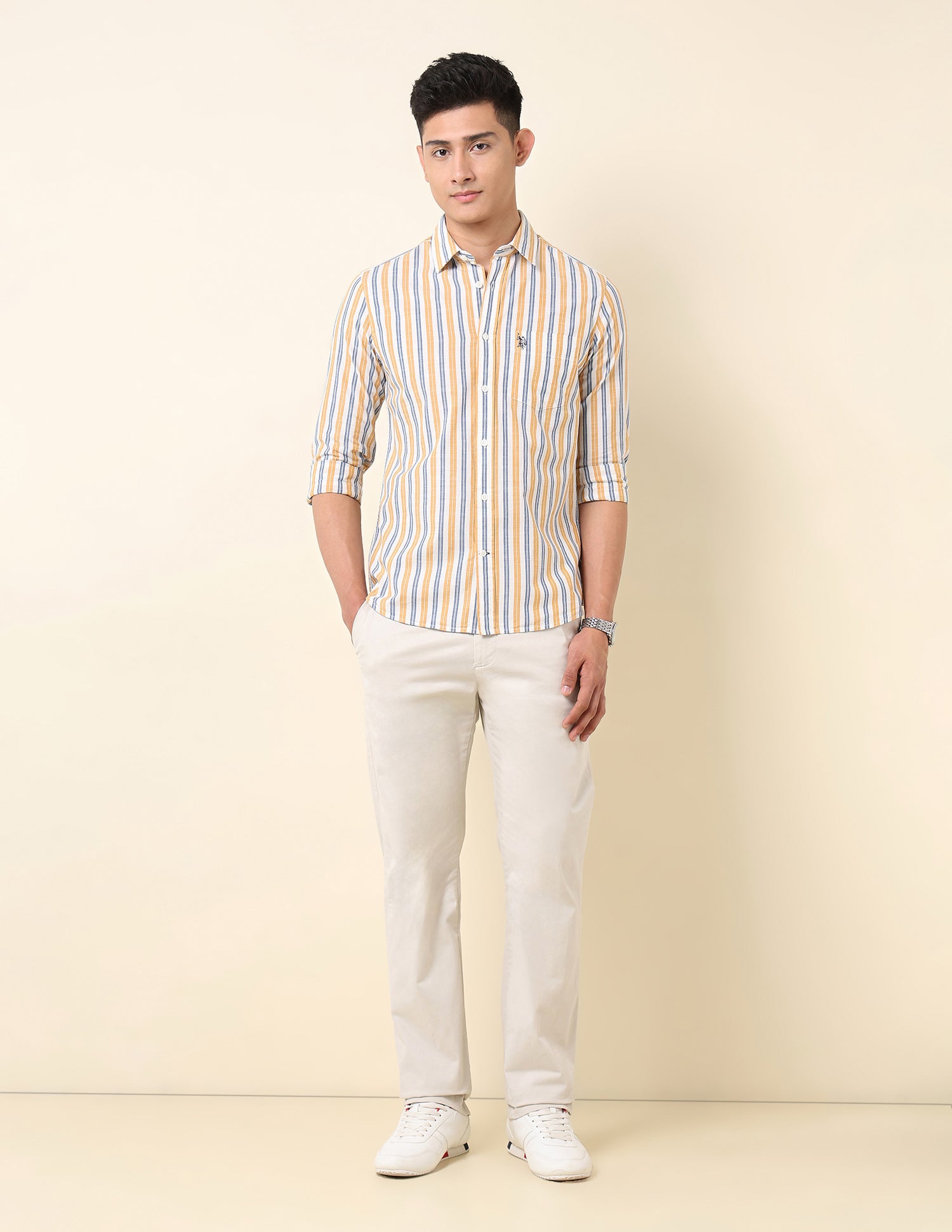 Vertical Striped Pure Cotton Shirt Yellow - U.S. Polo Assn. India | Large