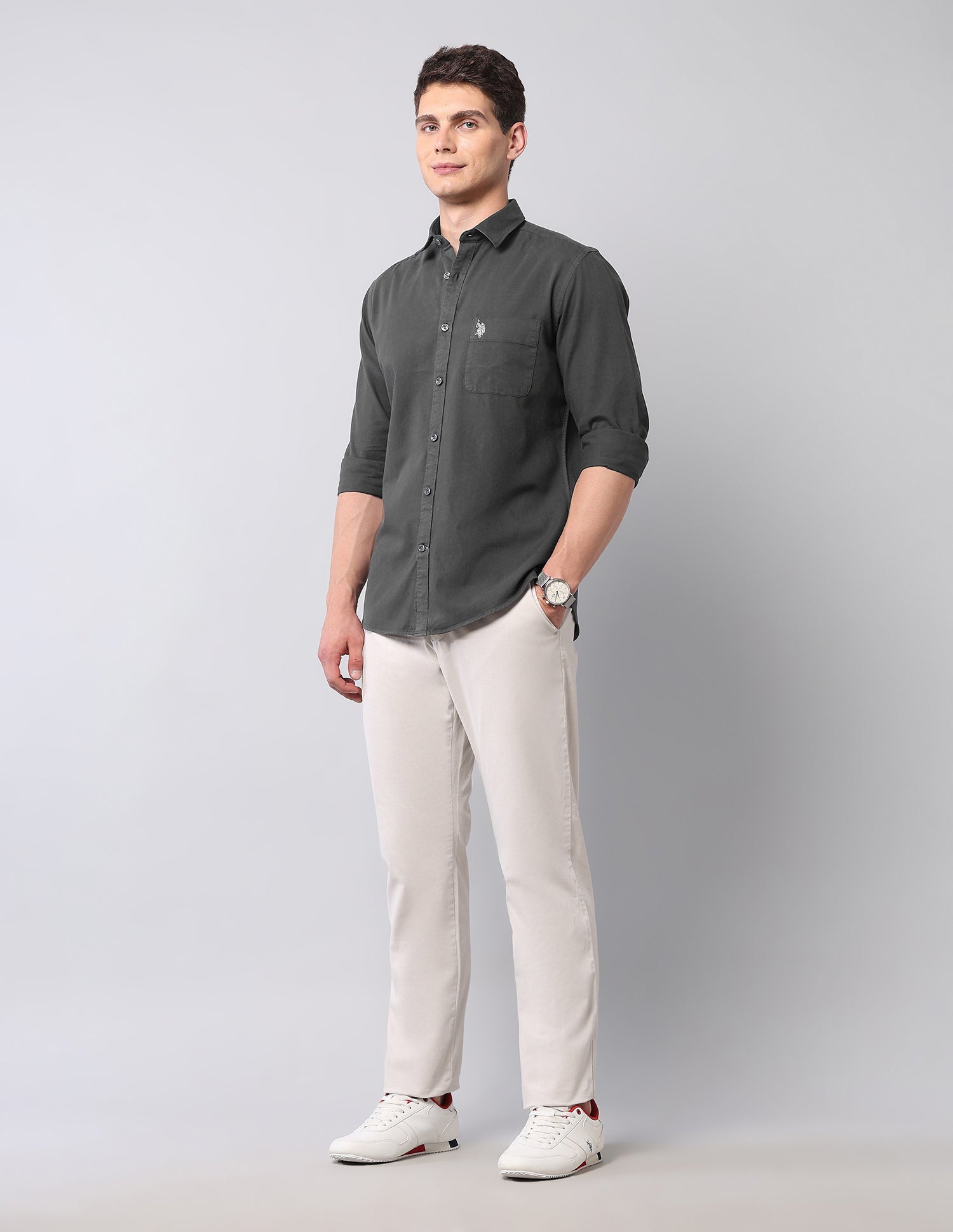 Slim Fit Pure Cotton Twill Shirt Grey - U.S. Polo Assn. India | Large