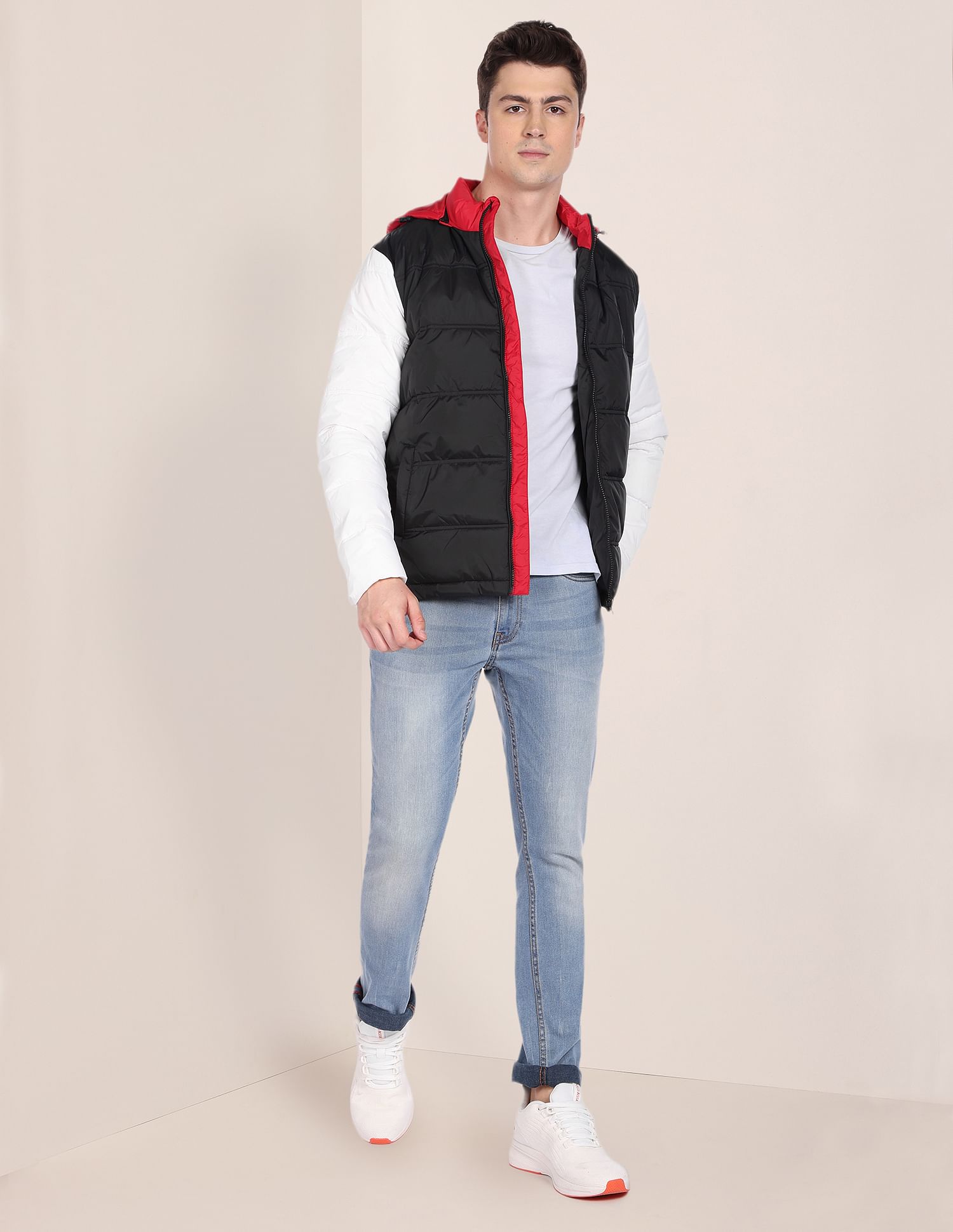 Men Black And White High Neck Colour Block Puffer Jacket Black and White - U.S. POLO ASSN. | Large