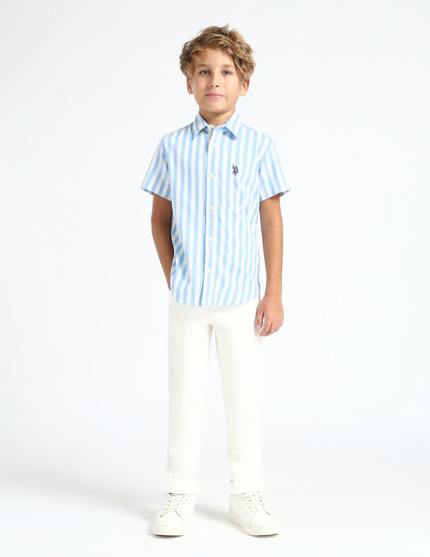Boys Vertical Striped Relaxed Fit Shirt Blue - U.S. POLO ASSN. | Large