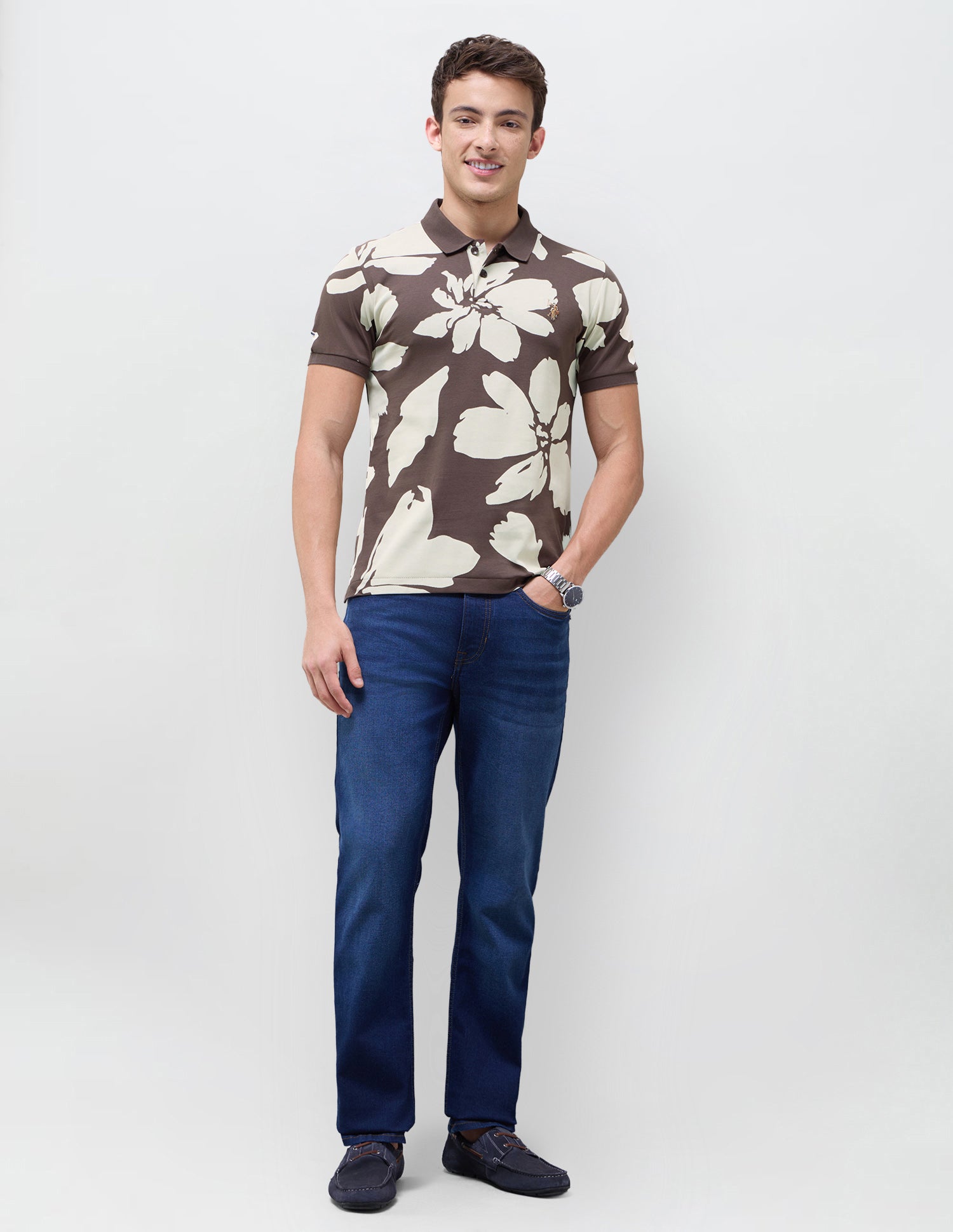 Floral Printed Slim Fit Polo Shirt Dark Brown - U.S. Polo Assn. India | Large