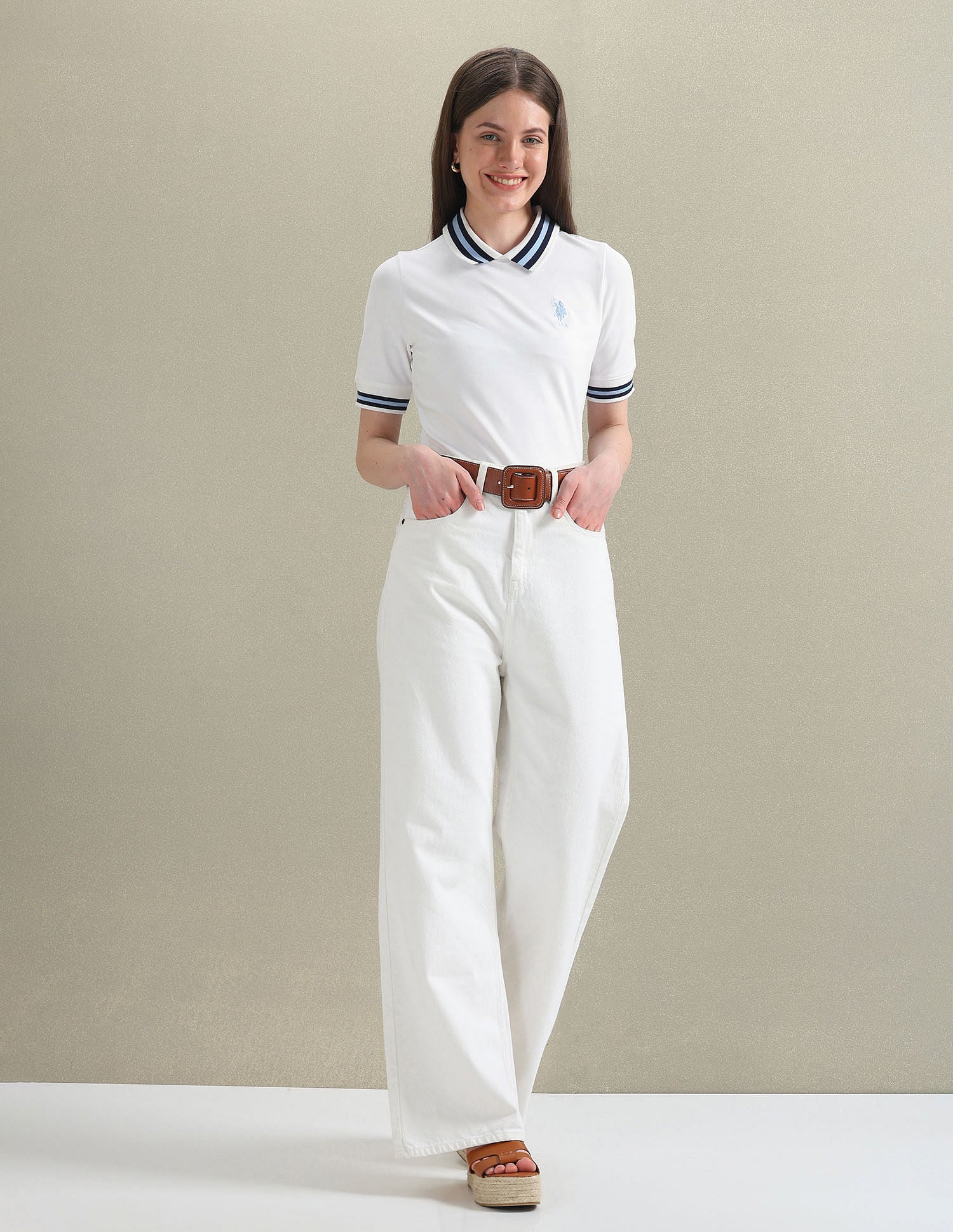 Striped Collar Pique Polo Shirt White - U.S. POLO ASSN. | Large