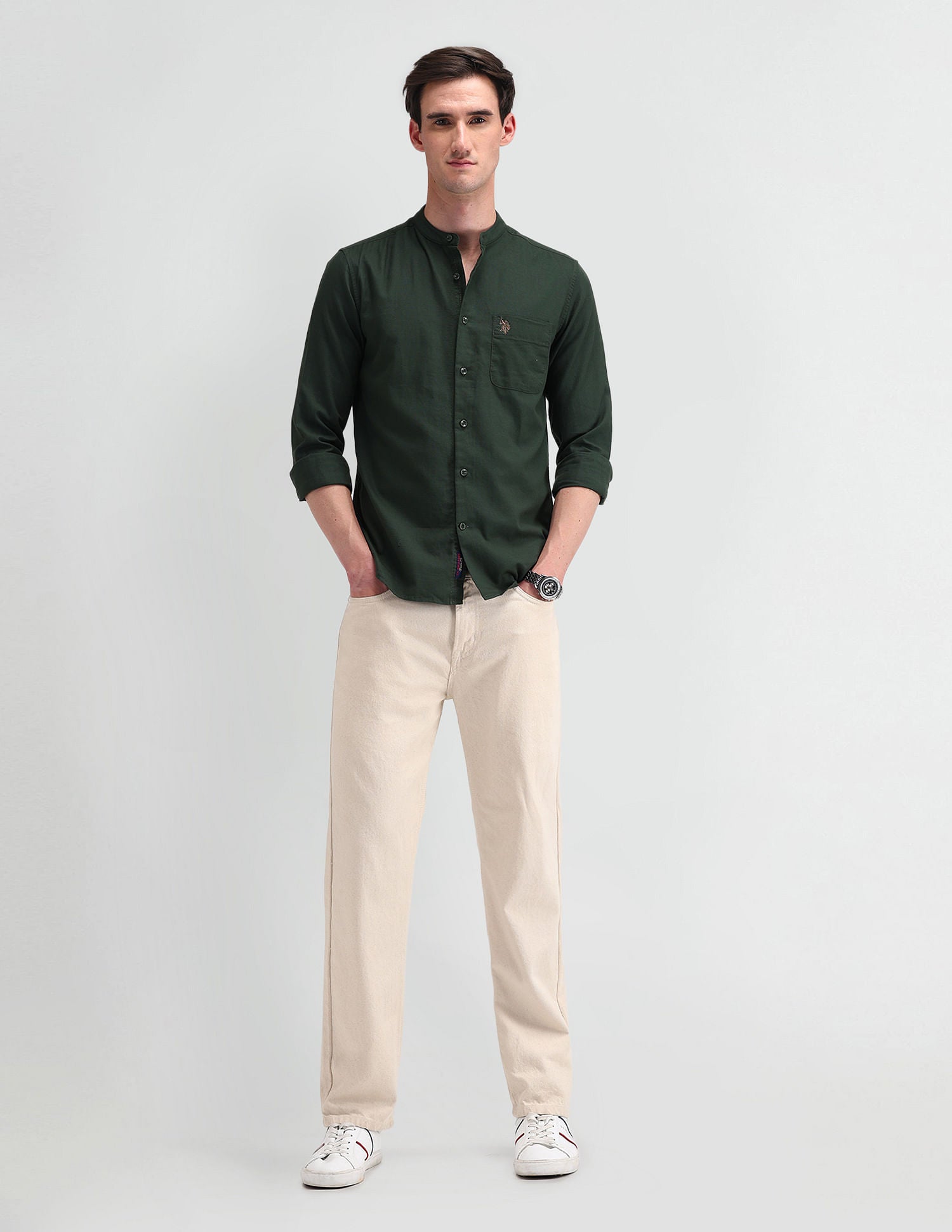 Slim Fit Solid Shirt Olive - U.S. Polo Assn. India | Large
