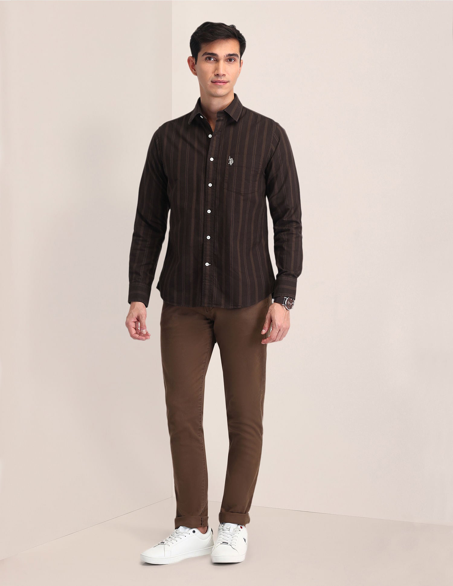 Tailored Fit Oxford Striped Shirt Brown - U.S. POLO ASSN. | Large