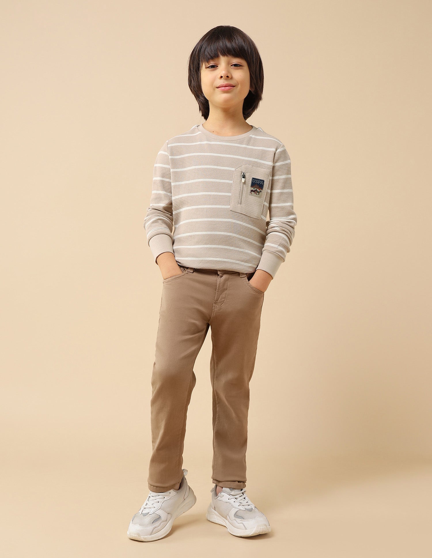 Boys Horizontal Striped Regular Fit T-Shirt Beige - U.S. POLO ASSN. | Large