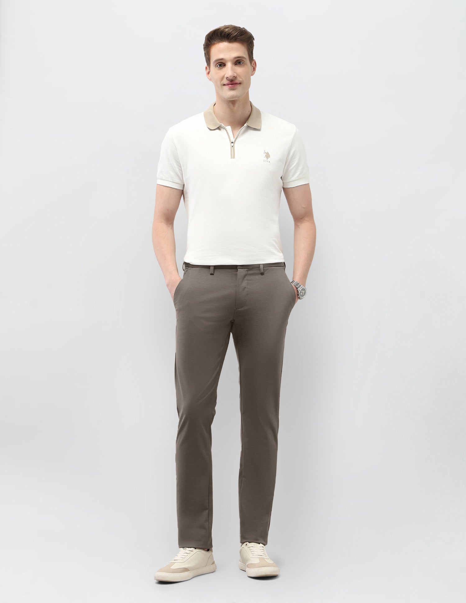Solid Austin Slim Fit Trousers Brown - U.S. Polo Assn. India | Large