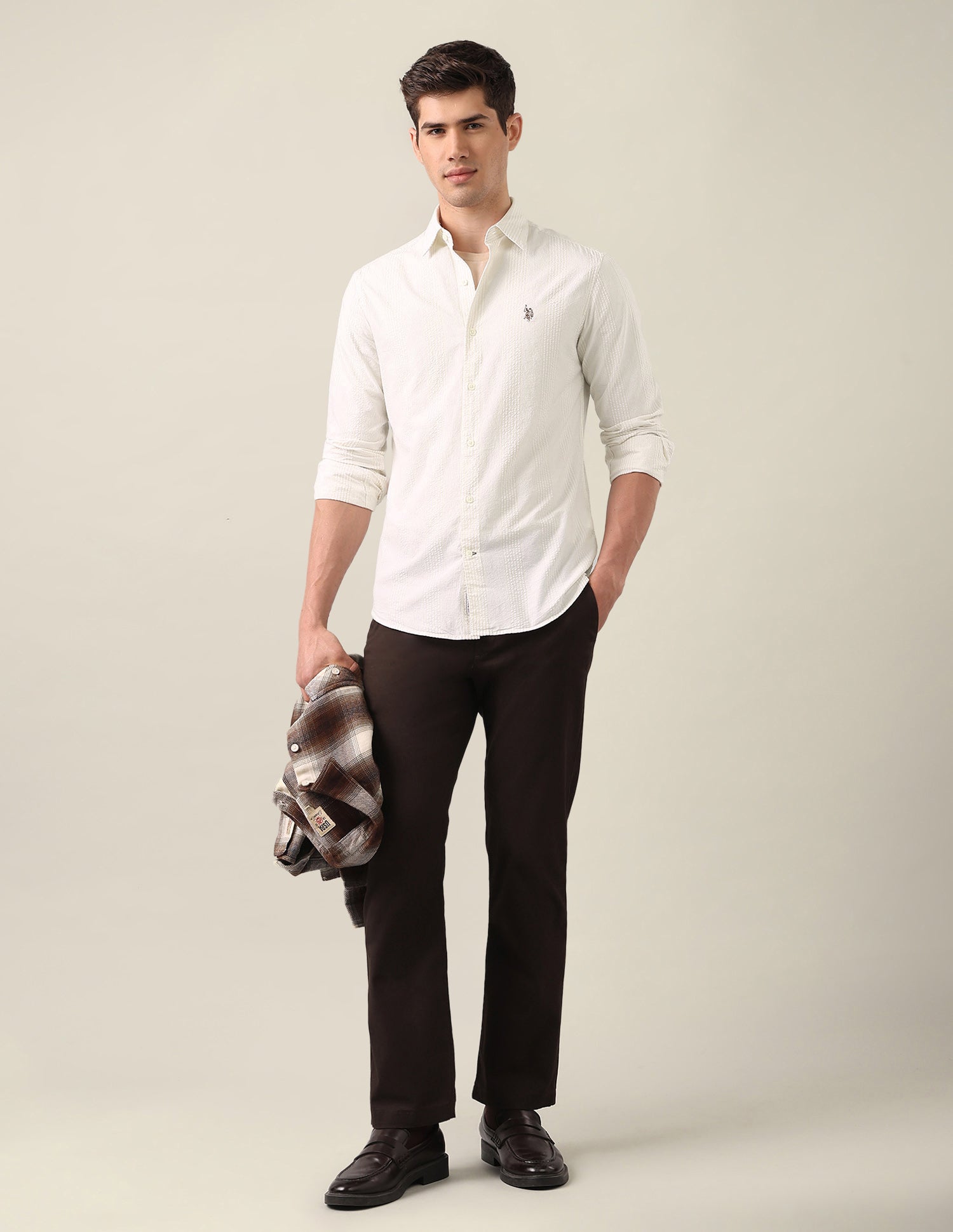 Vertical Striped Seersucker Shirt Beige - U.S. Polo Assn. India | Large