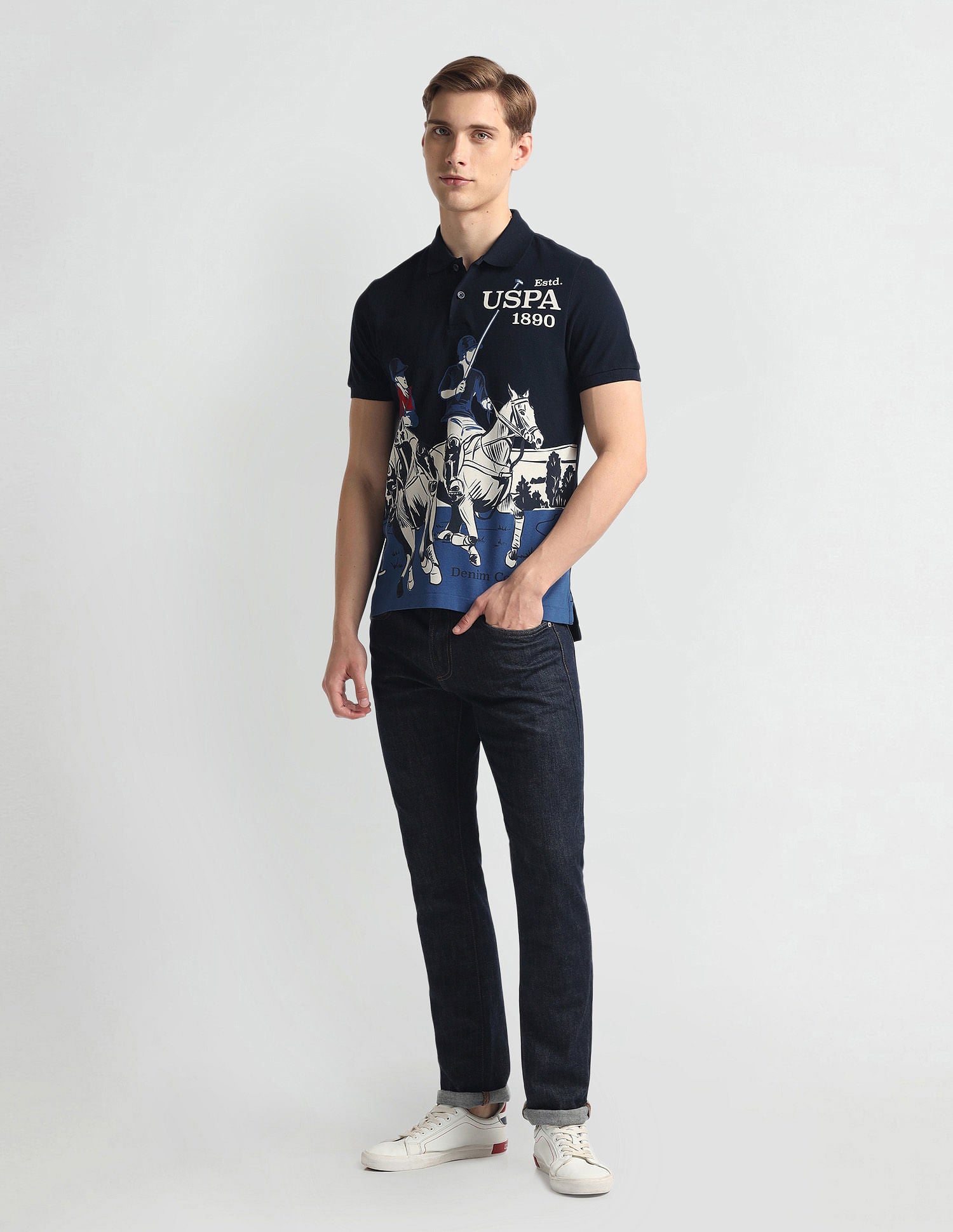 Ribbed Collar Brand Print Polo Shirt Blue - U.S. Polo Assn. India | Large