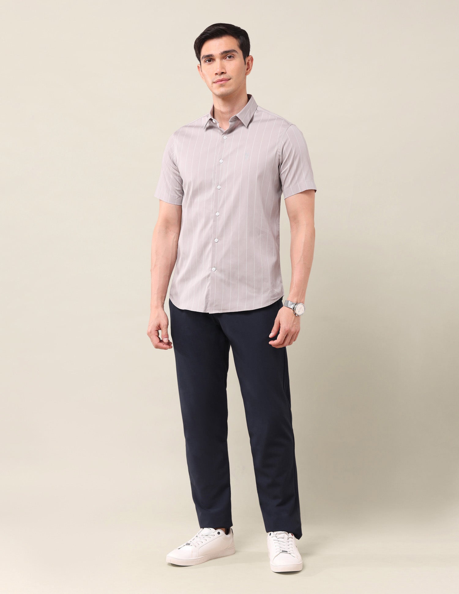 Vertical Striped Tailored Fit Shirt Light Khaki - U.S. Polo Assn. India | Large