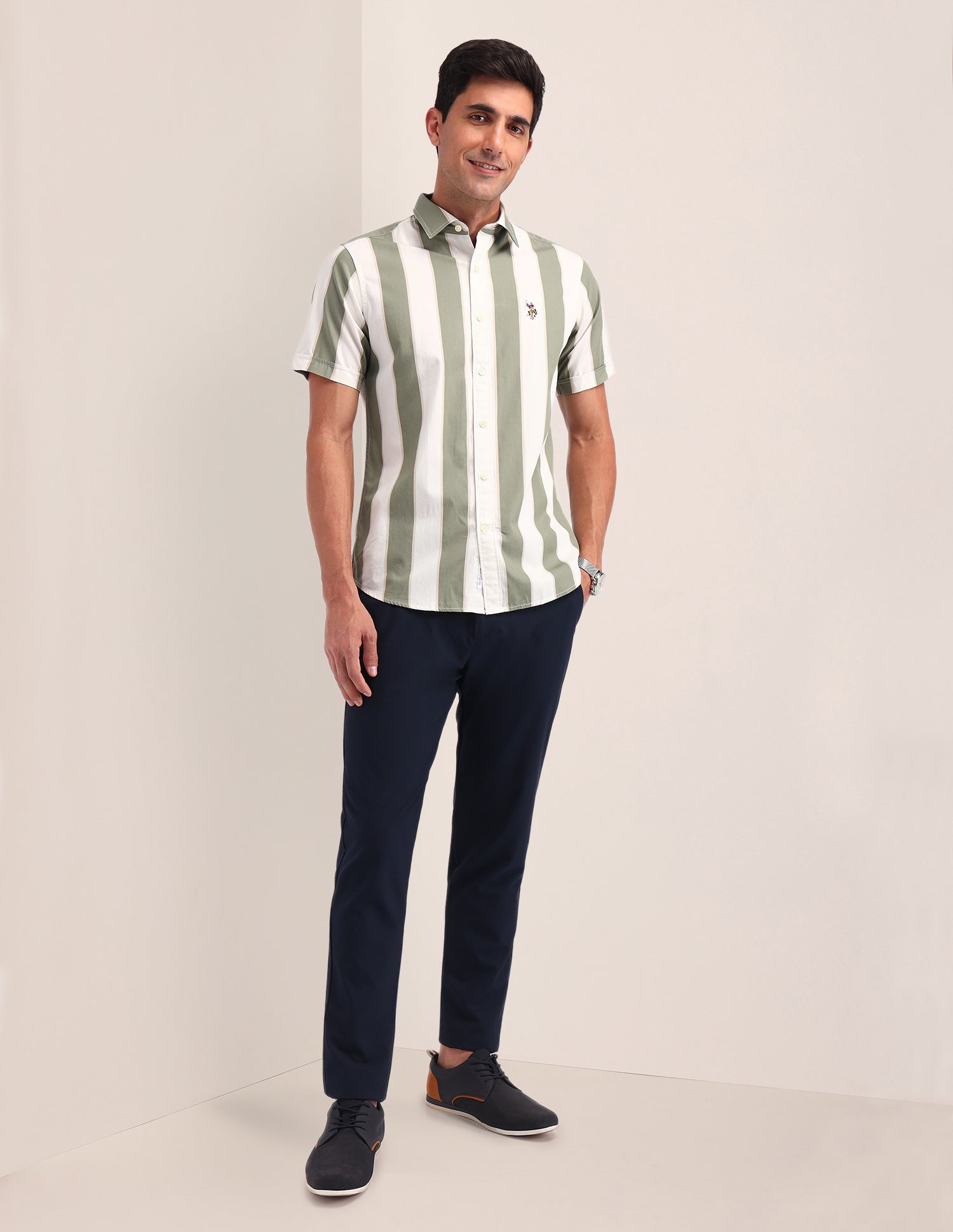 Vertical Striped Poplin Shirt Olive - U.S. Polo Assn. India | Large