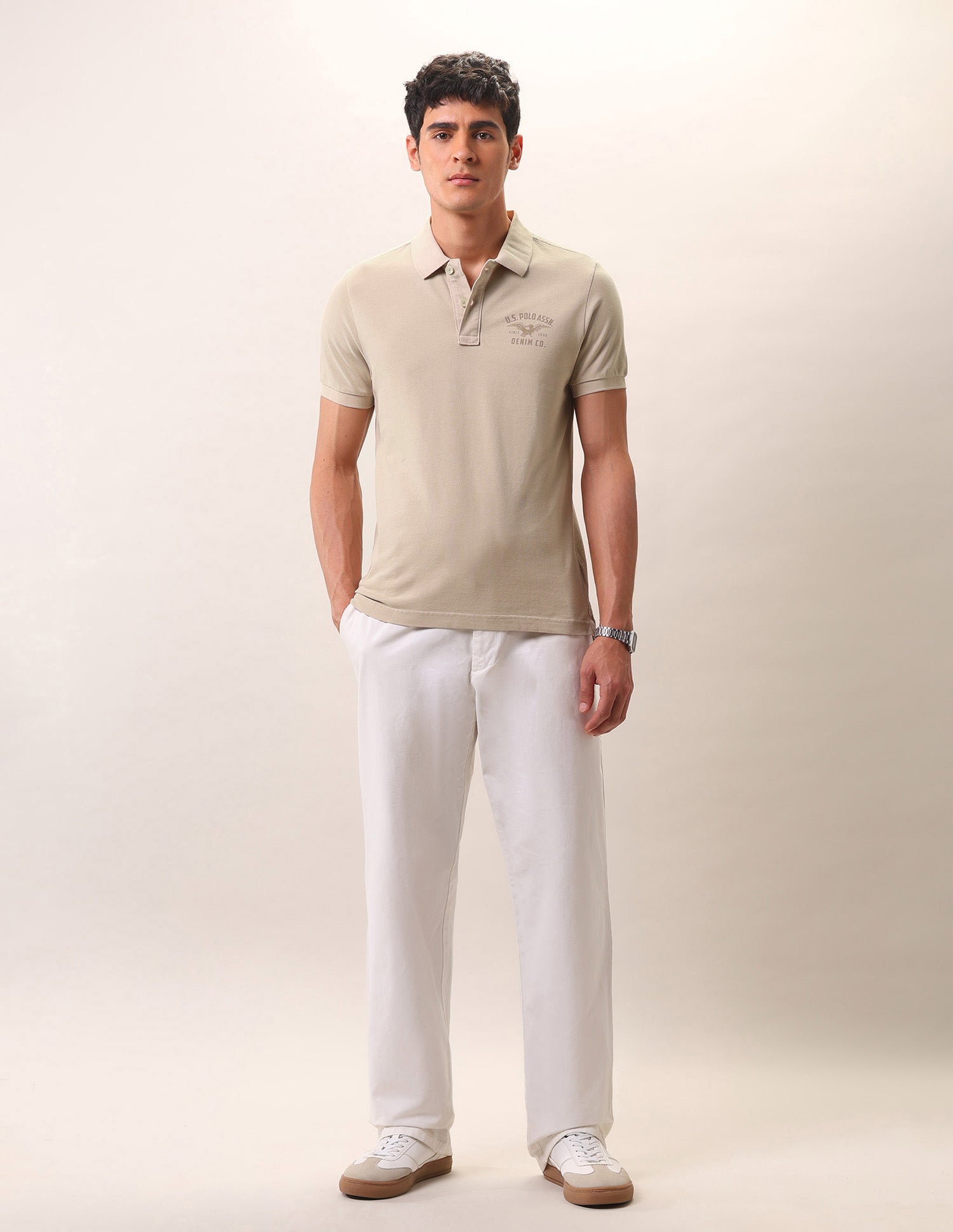 Brand Printed Pure Cotton Polo Shirt Stone - U.S. Polo Assn. India | Large