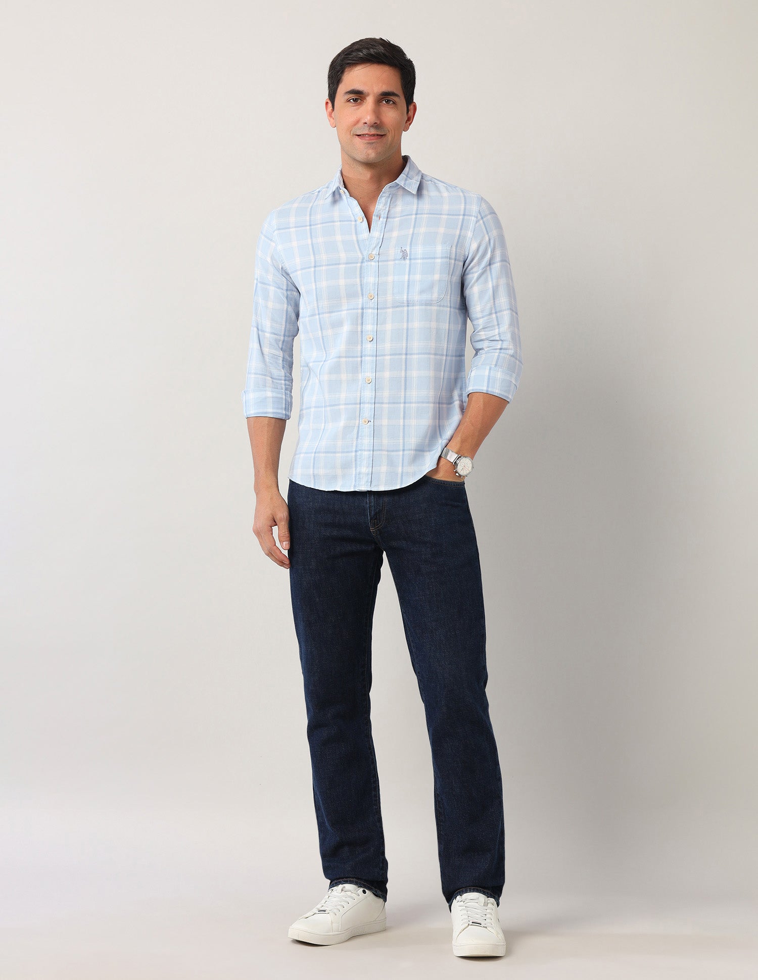 Regular Fit Grid Tattersall Checked Shirt Light Blue - U.S. Polo Assn. India | Large