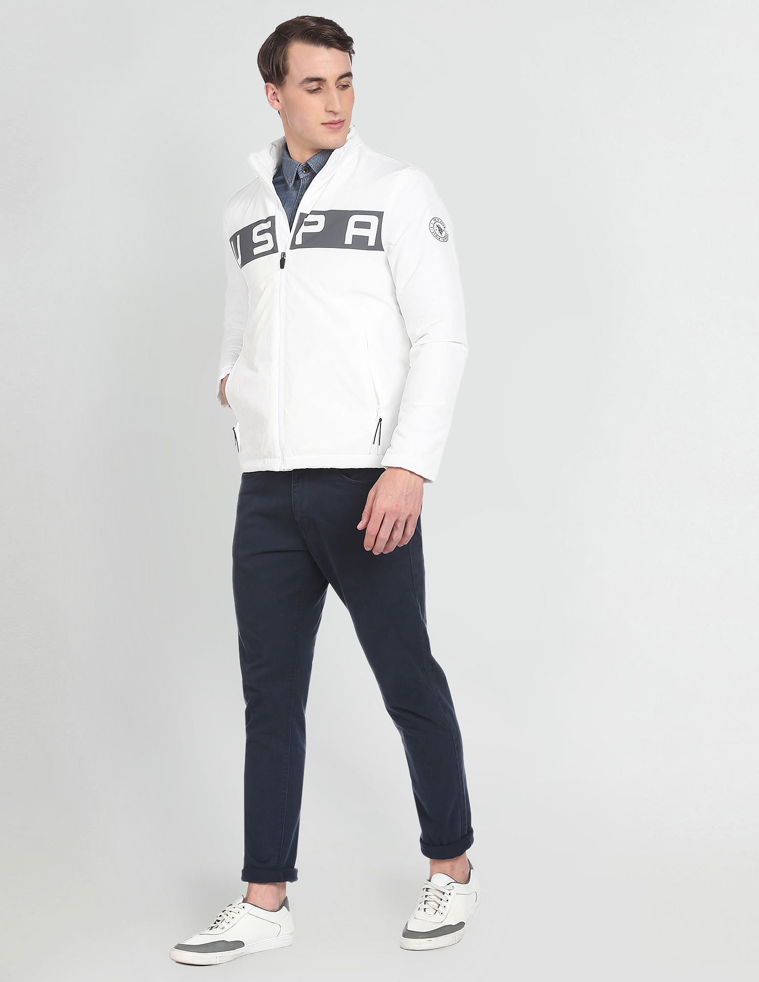 High Neck Brand Print Polyester Casual Jacket White - U.S. POLO ASSN. | Large