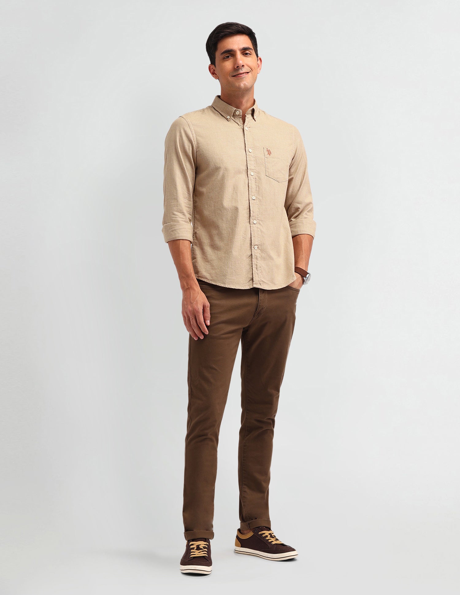 Textured Slim Fit Shirt Khaki - U.S. Polo Assn. India | Large