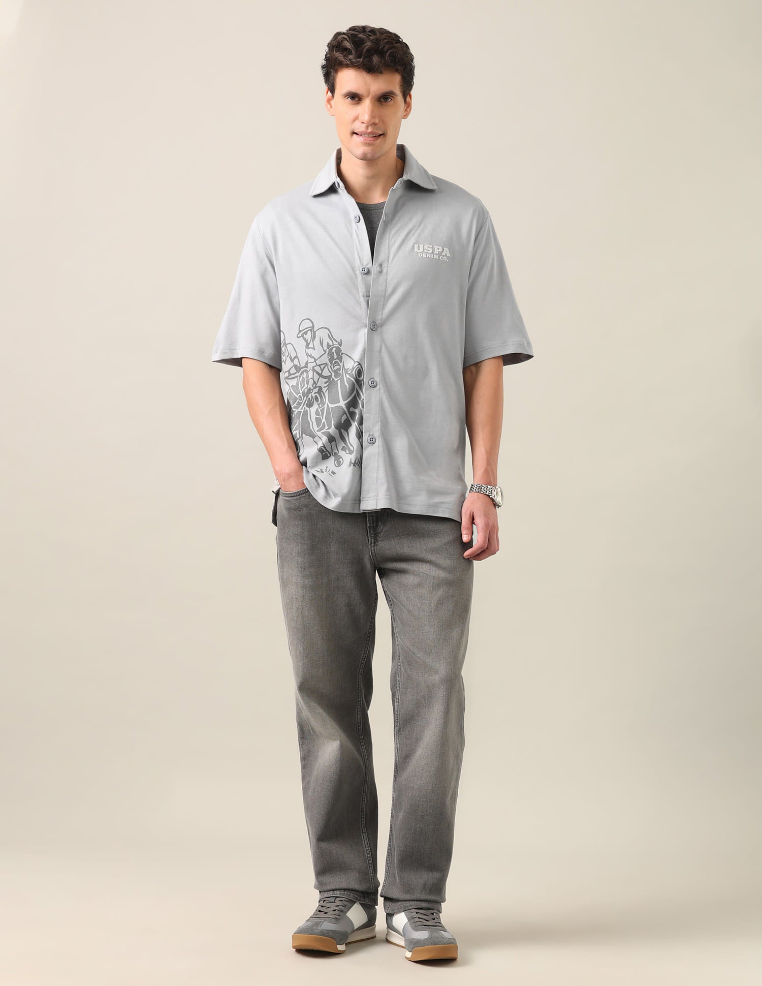 Graphic Brand Printed Knitted Shirt Grey - U.S. Polo Assn. India | Large