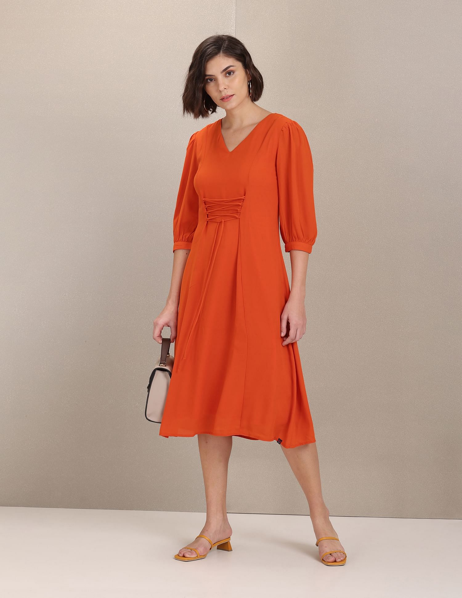 Solid Three Quarter Sleeve A-Line Dress Orange - U.S. Polo Assn. India | Large