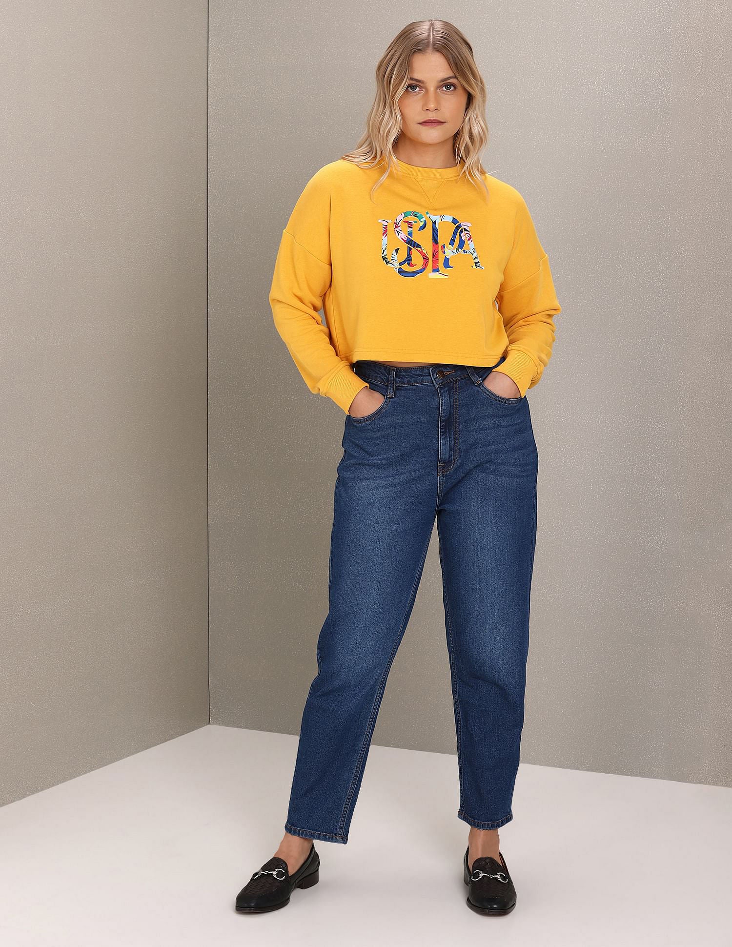 Crew Neck Brand Print Cropped Sweatshirt Mustard - U.S. Polo Assn. India | Large