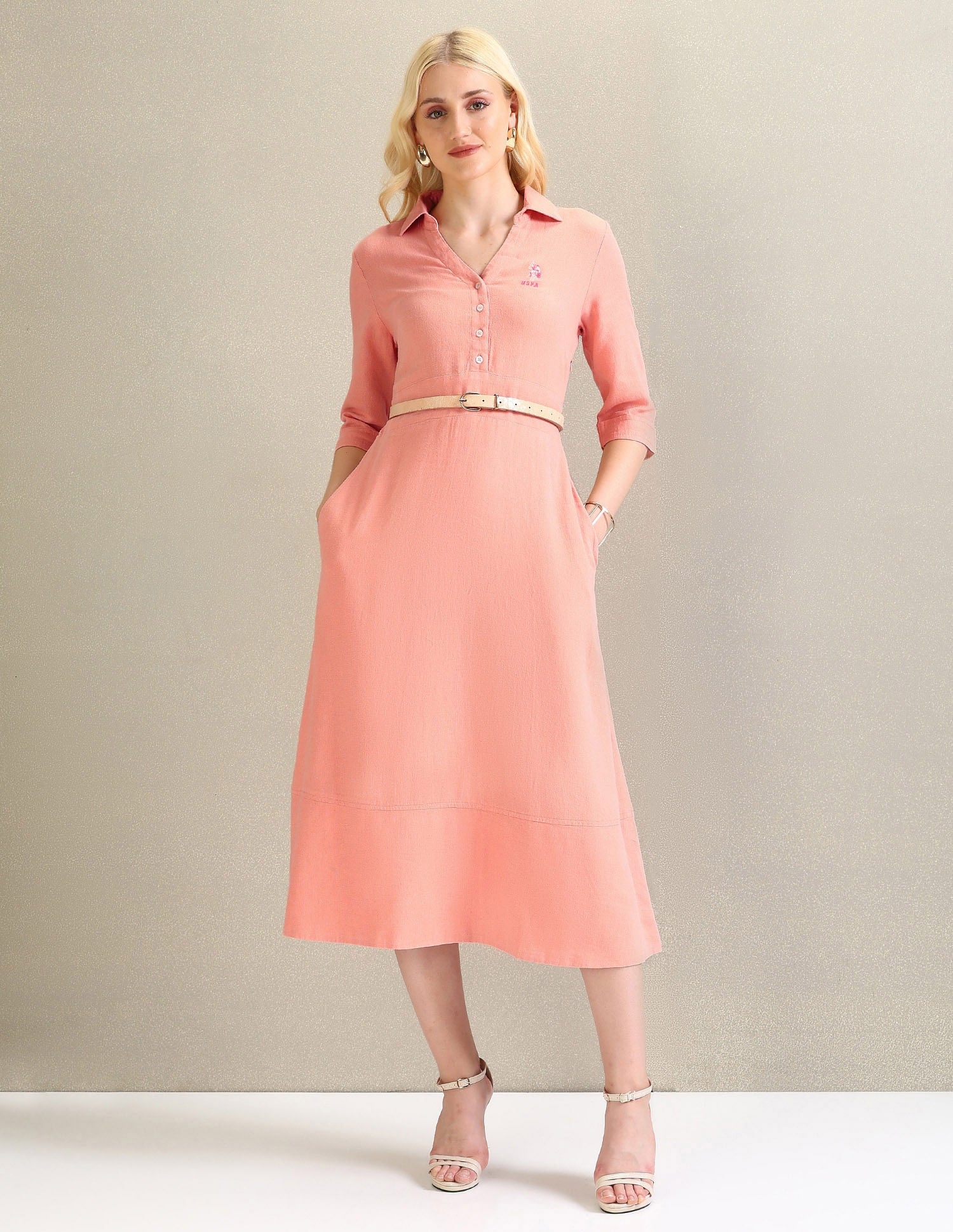 Solid Linen Viscose A-Line Dress Coral - U.S. Polo Assn. India | Large