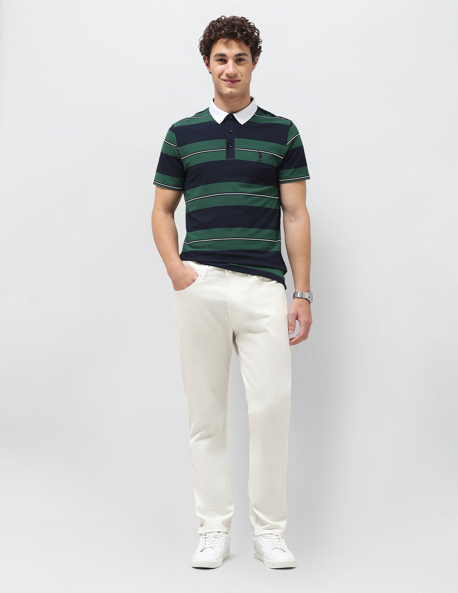 Horizontal Striped Slim Fit Polo Shirt Green - U.S. Polo Assn. India | Large