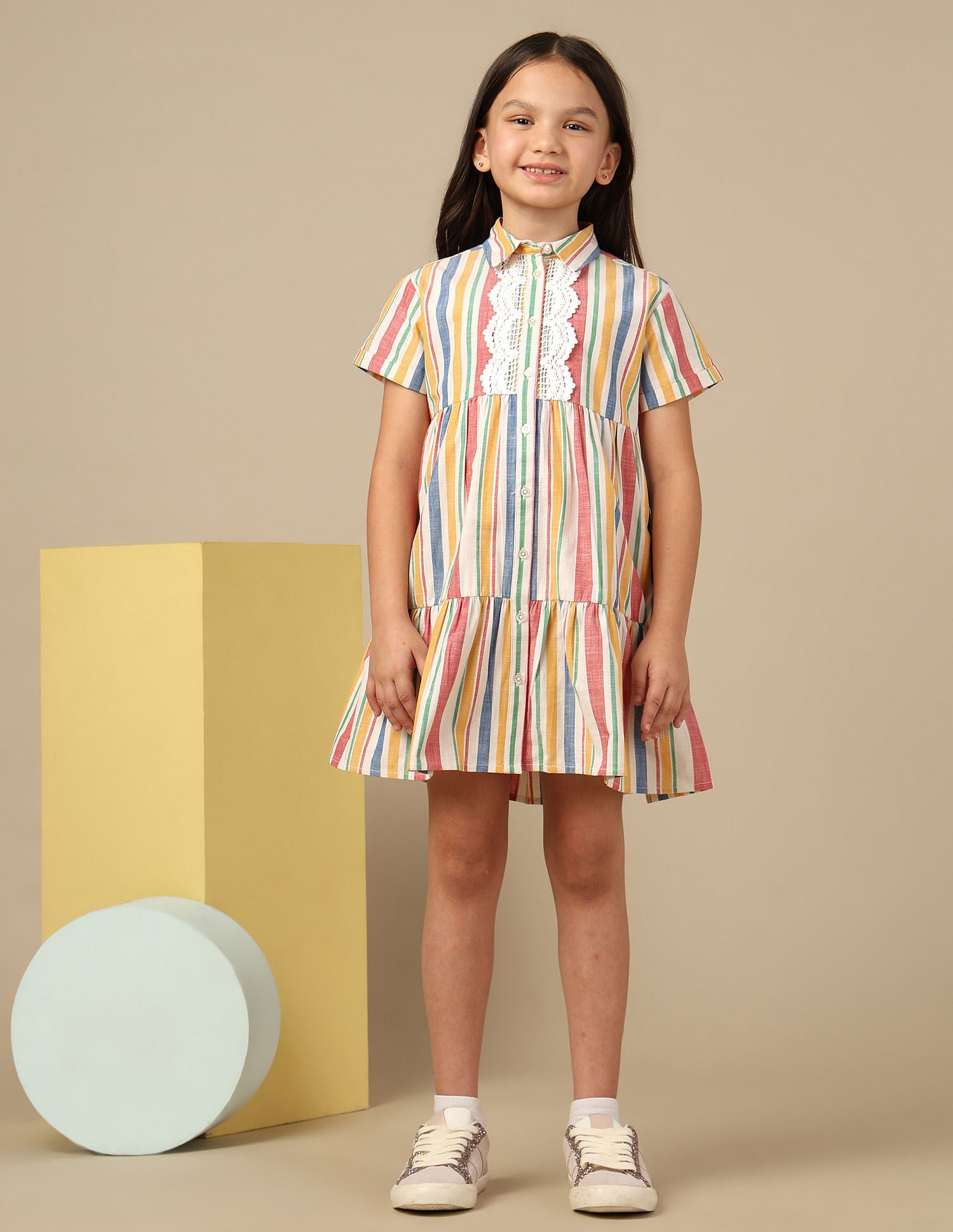 Girls Vertical Striped Lace A-Line Dress Multi-colour - U.S. POLO ASSN. | Large