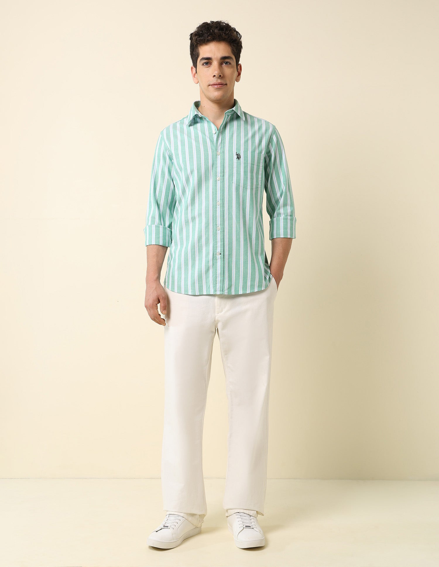 Pure Cotton Vertical Striped Shirt Green - U.S. Polo Assn. India | Large