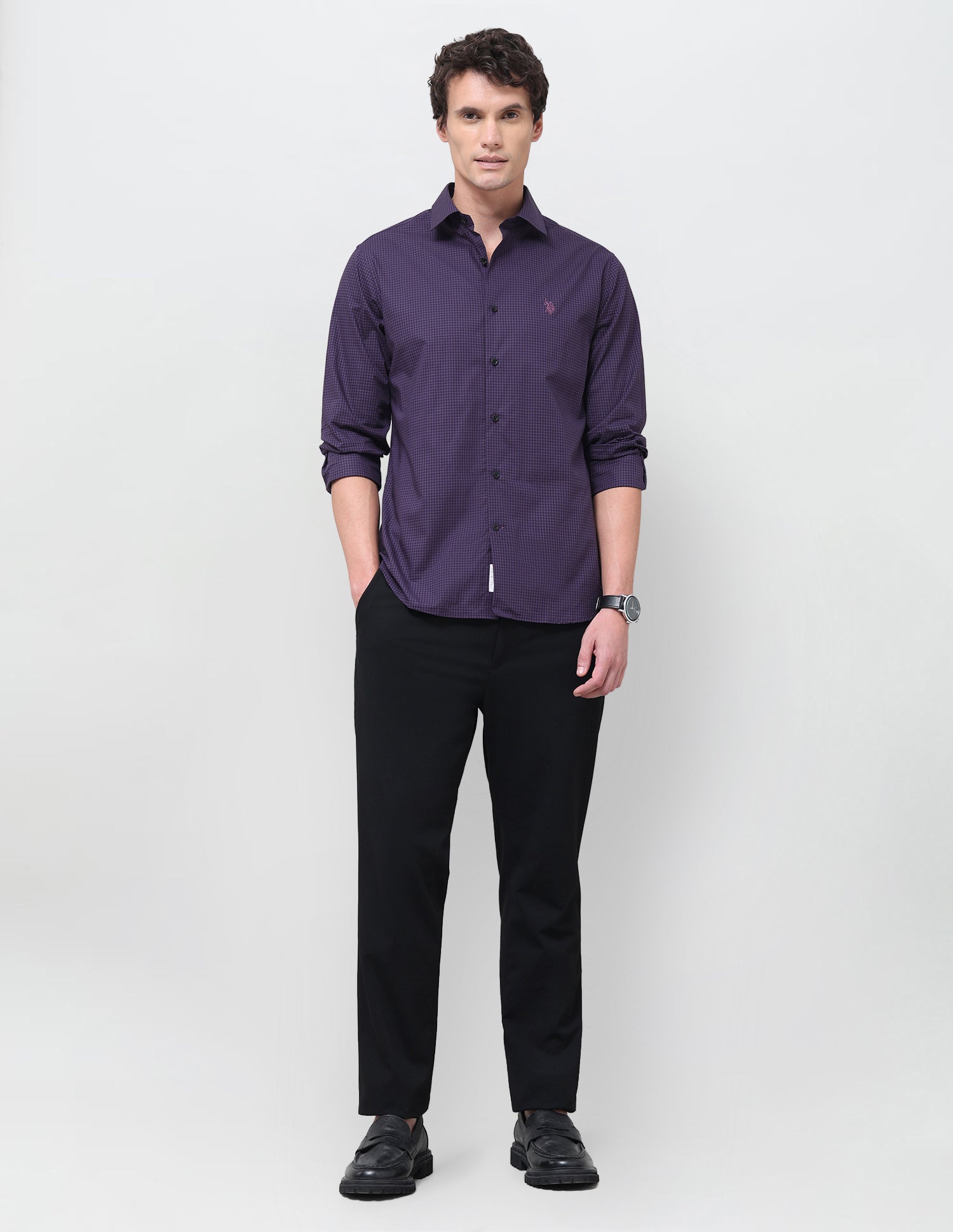 Gingham Checked Poplin Shirt Dark Purple - U.S. Polo Assn. India | Large
