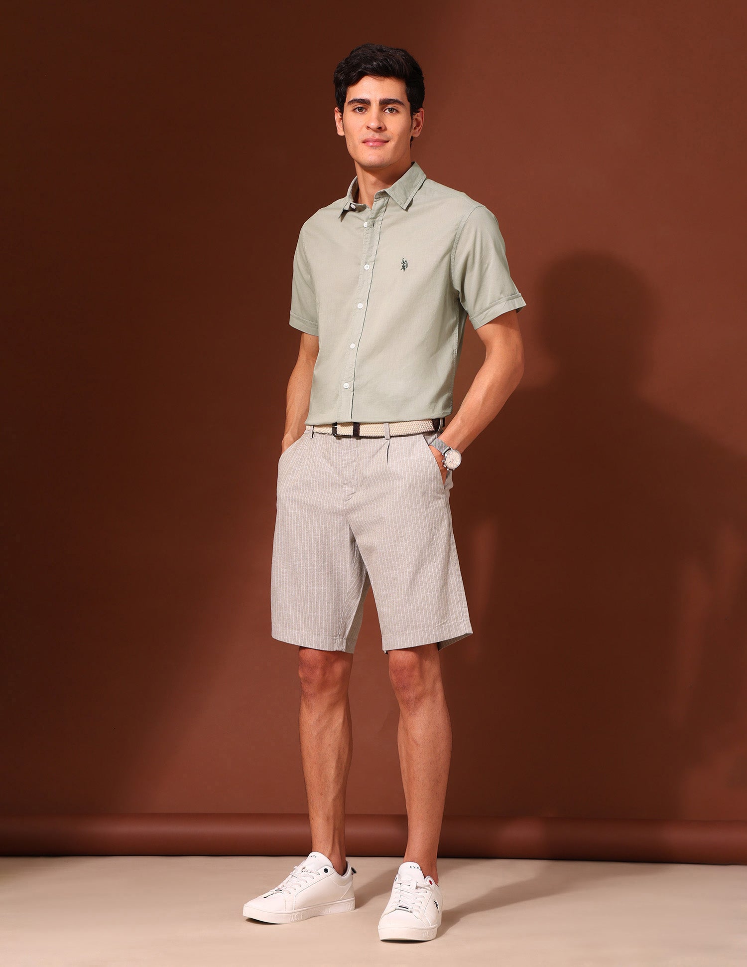 Tailored Fit Pure Cotton Poplin Shirt Green - U.S. Polo Assn. India | Large