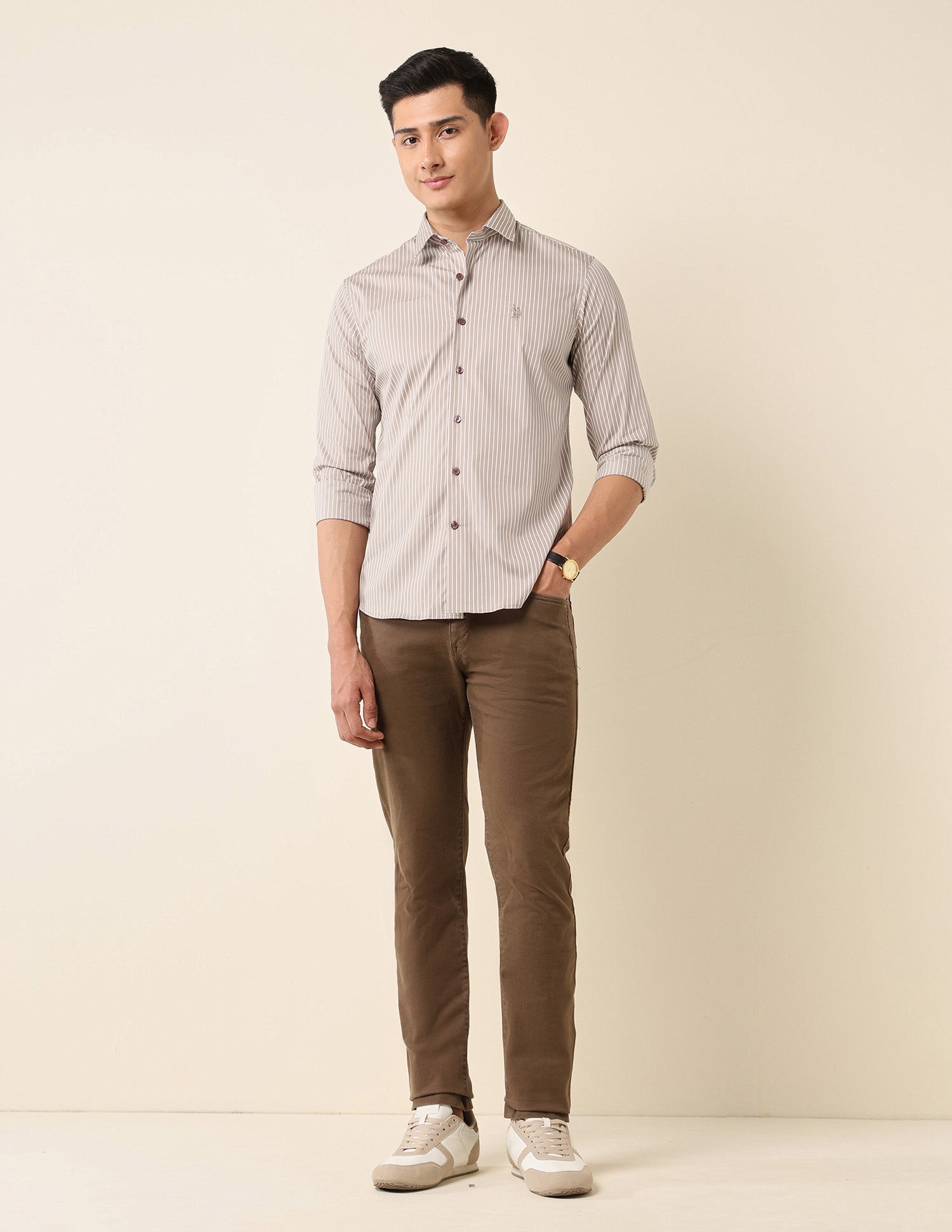 Tailored Fit Vertical Striped Shirt Khaki - U.S. Polo Assn. India | Large