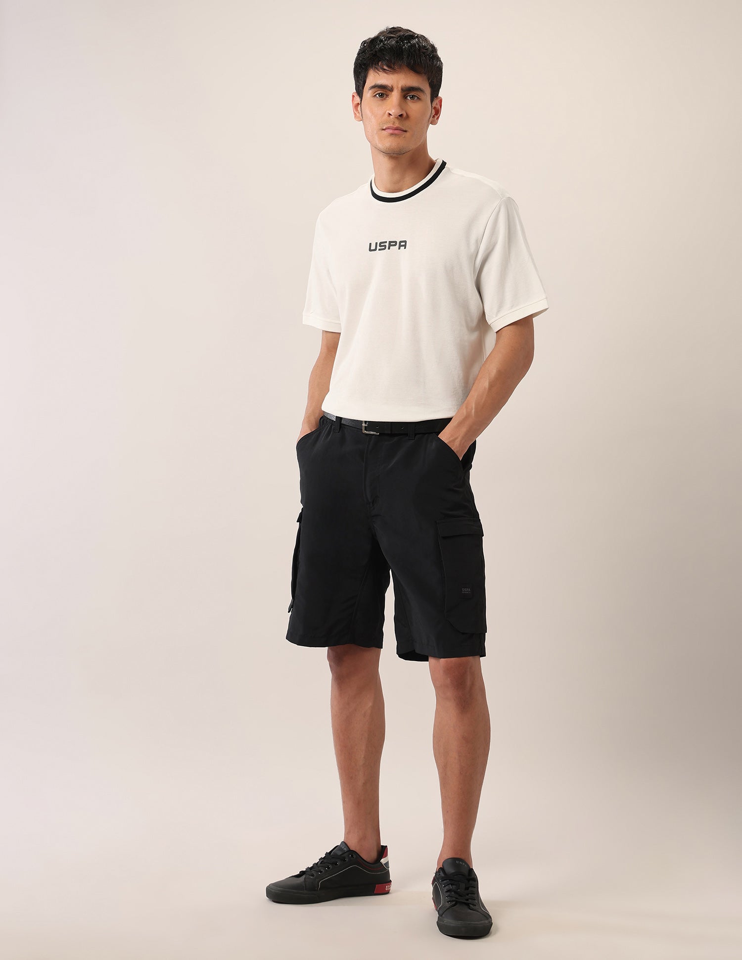Solid Regular Fit Cargo Shorts Black - U.S. Polo Assn. India | Large