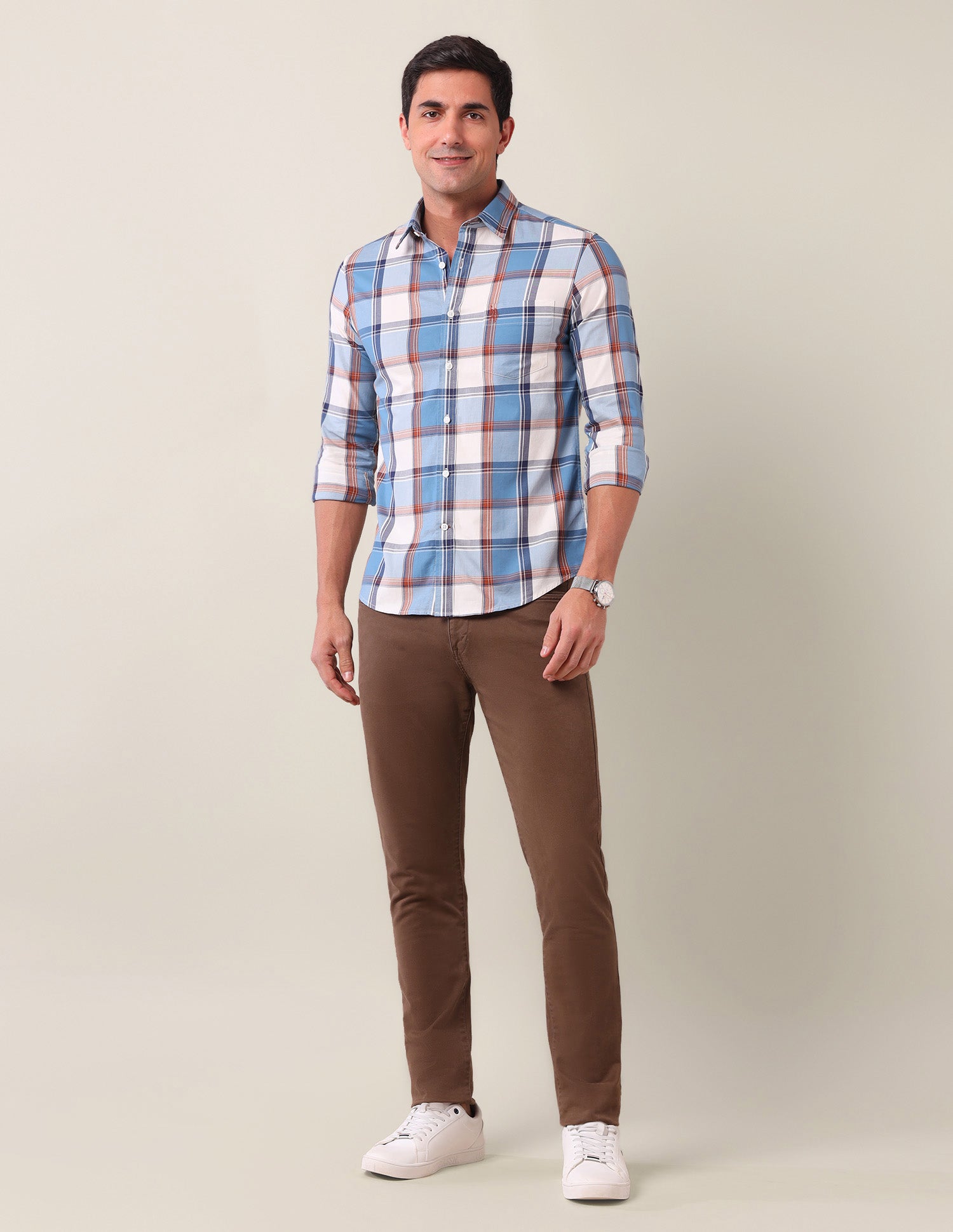 Grid Tattersall Checked Tailored Fit Shirt Medium Blue - U.S. Polo Assn. India | Large