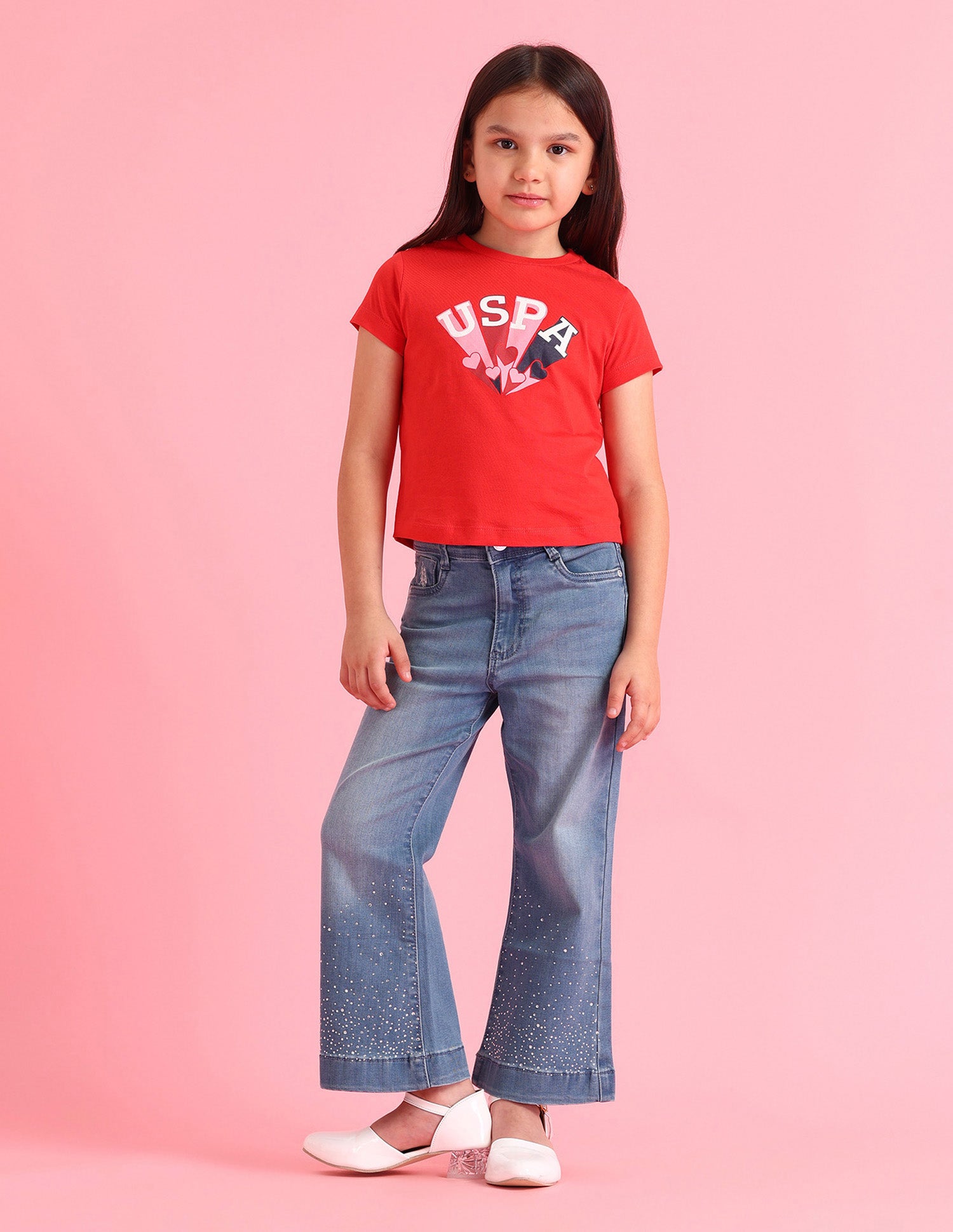 Girls Mid Rise Flared Fit Jeans Light Blue - U.S. POLO ASSN. | Large