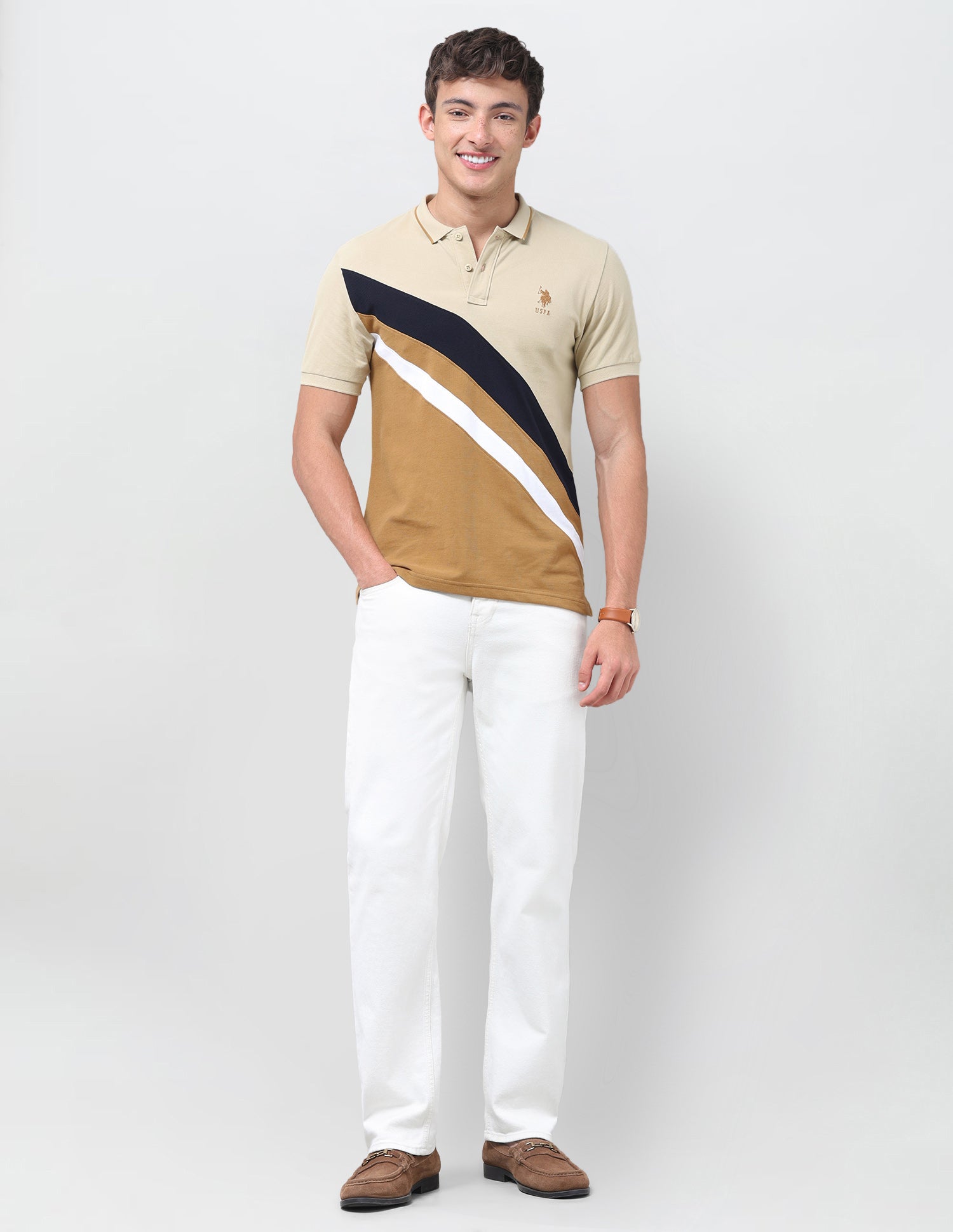 Colourblocked Regular Fit Polo Shirt Beige - U.S. Polo Assn. India | Large