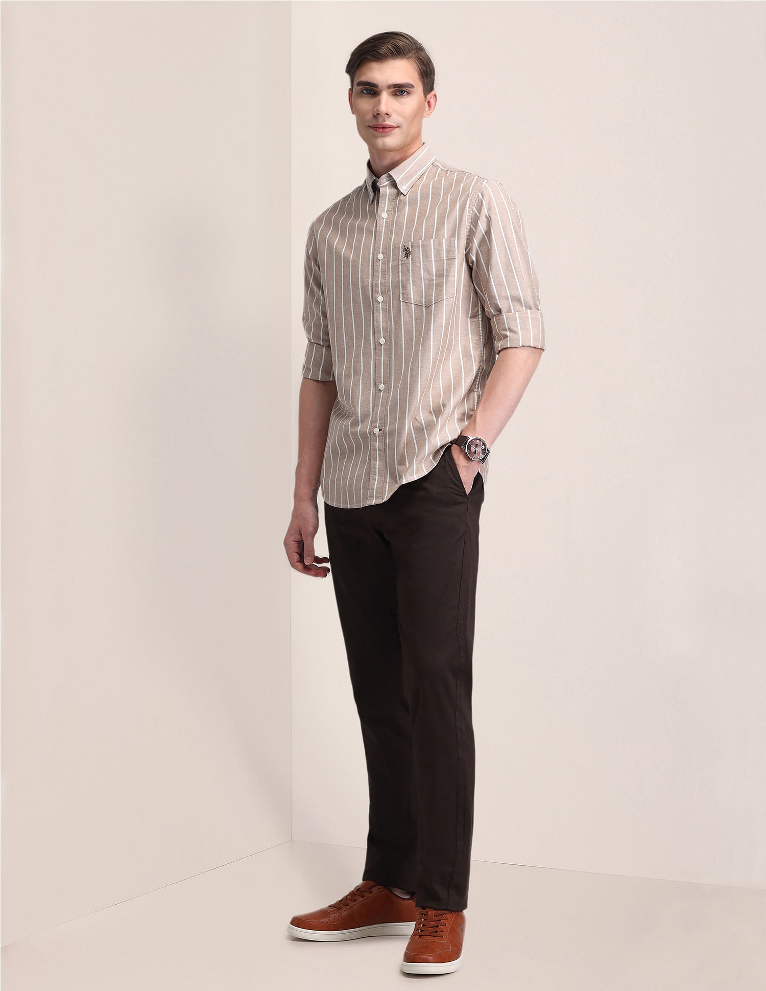 Tailored Fit Cotton Striped Shirt Brown - U.S. POLO ASSN. | Large