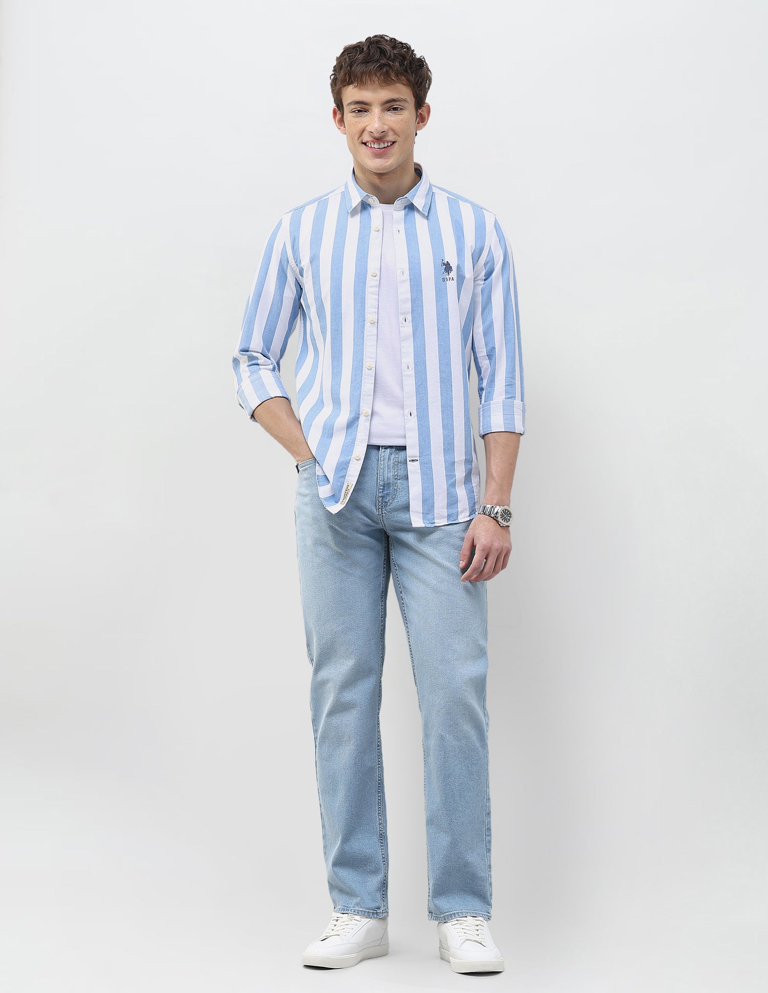 Vertical Striped Regular Fit Shirt Light Indigo - U.S. Polo Assn. India | Large