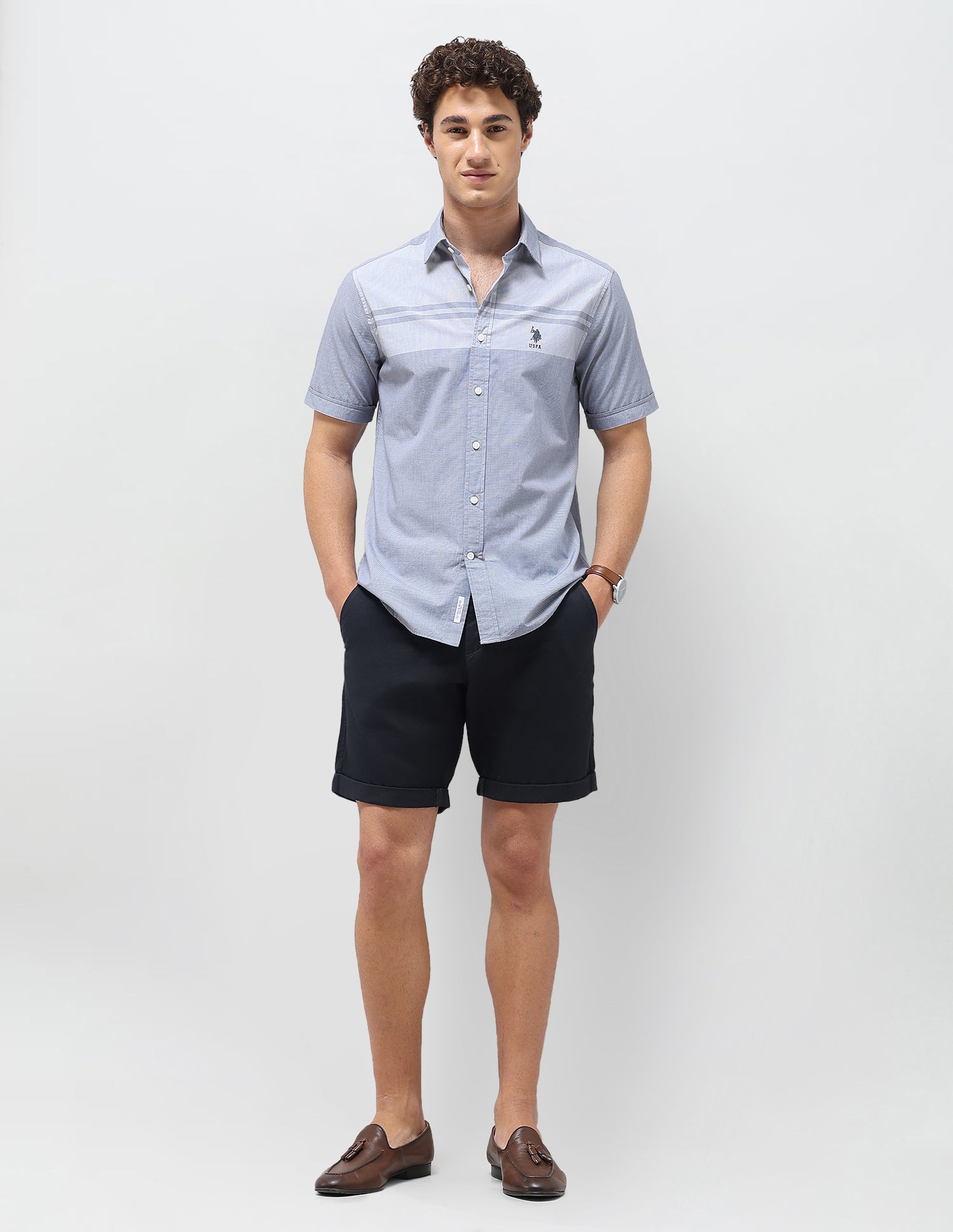 Solid Stripe Detail Regular Fit Shirt Blue - U.S. Polo Assn. India | Large