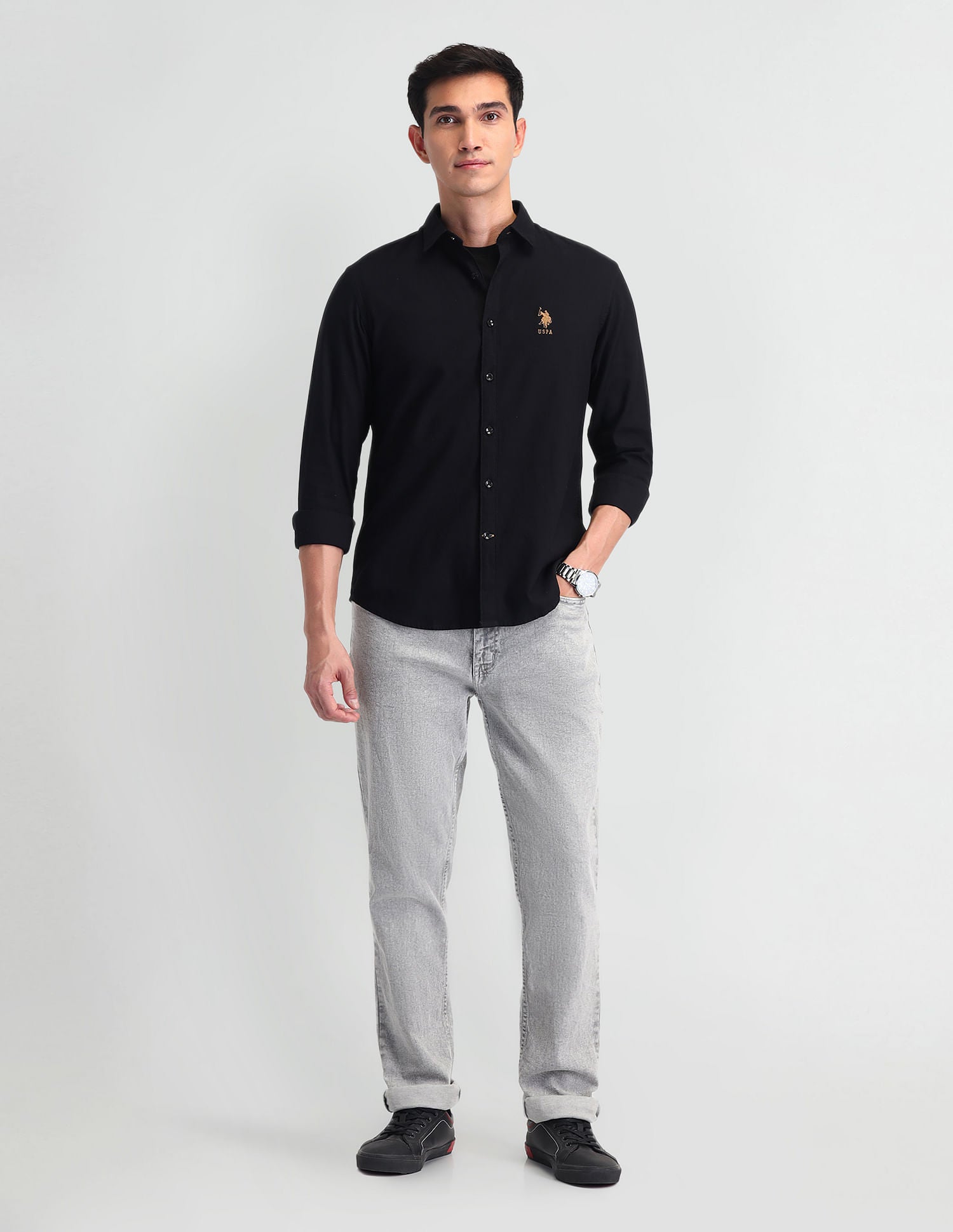 Pure Cotton Solid Shirt Black - U.S. Polo Assn. India | Large
