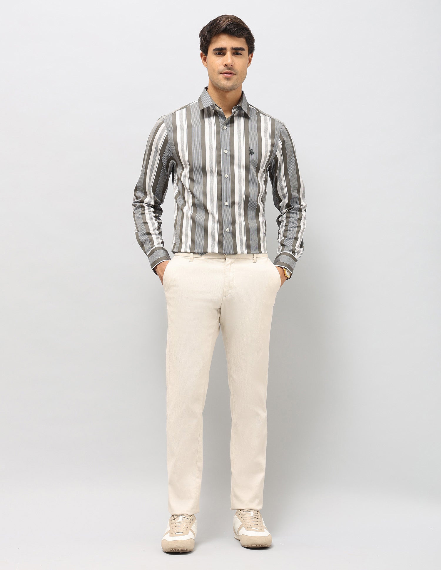 Vertical Striped Pure Cotton Shirt Olive - U.S. POLO ASSN. | Large