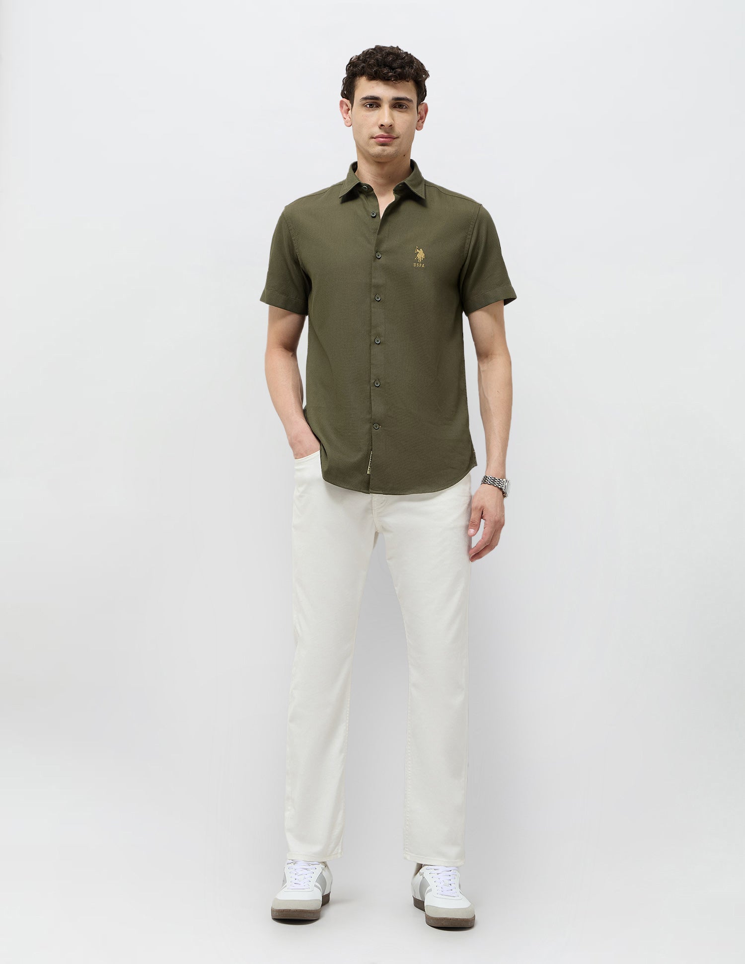 Textured Regular Fit Dobby Shirt Olive - U.S. Polo Assn. India | Large